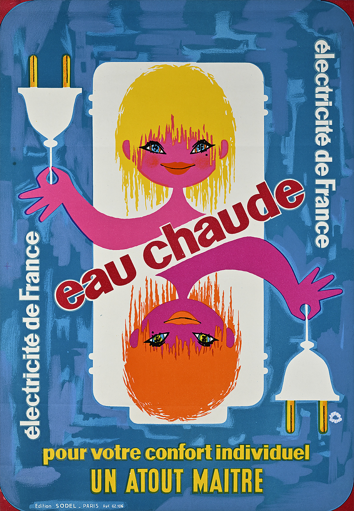 A poster of two pink cartoon women joined at the waist and holding electrical plugs.