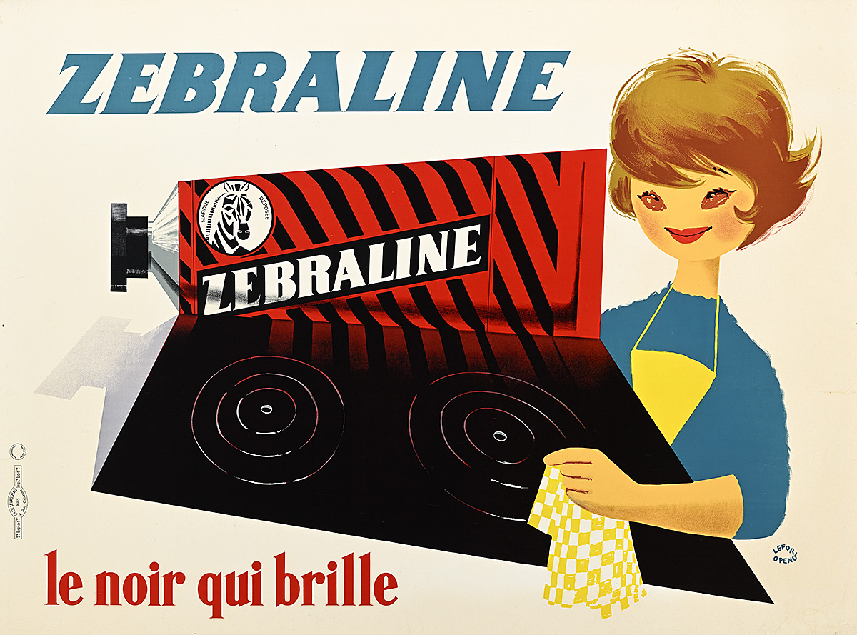 A poster of a cartoon woman cleaning a stove next to a red and black striped tube.