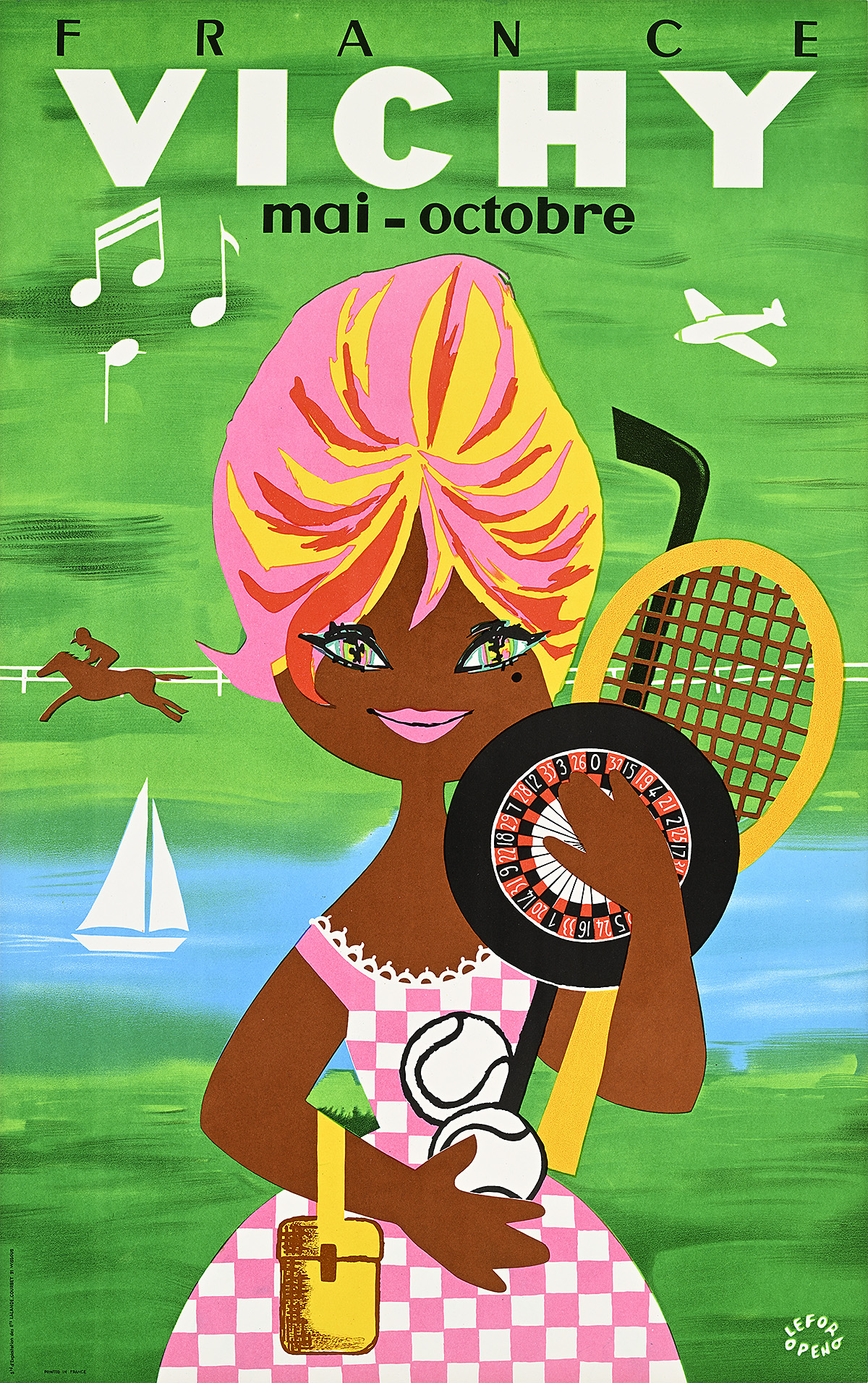 A poster of a cartoon woman with pink hair and a pink gingham dress holding tennis rackets.