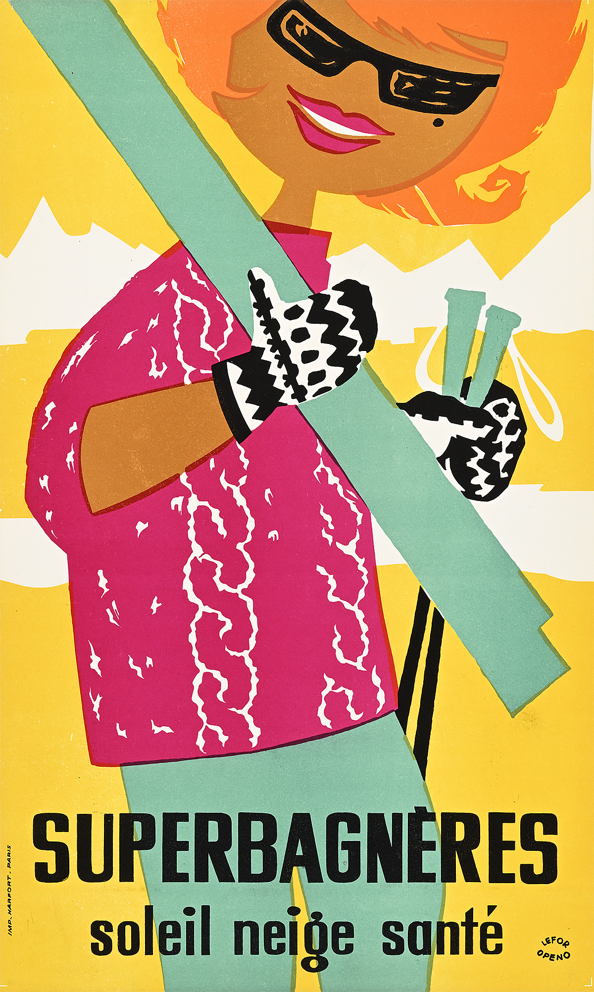 A poster of a cartoon woman holding skis.