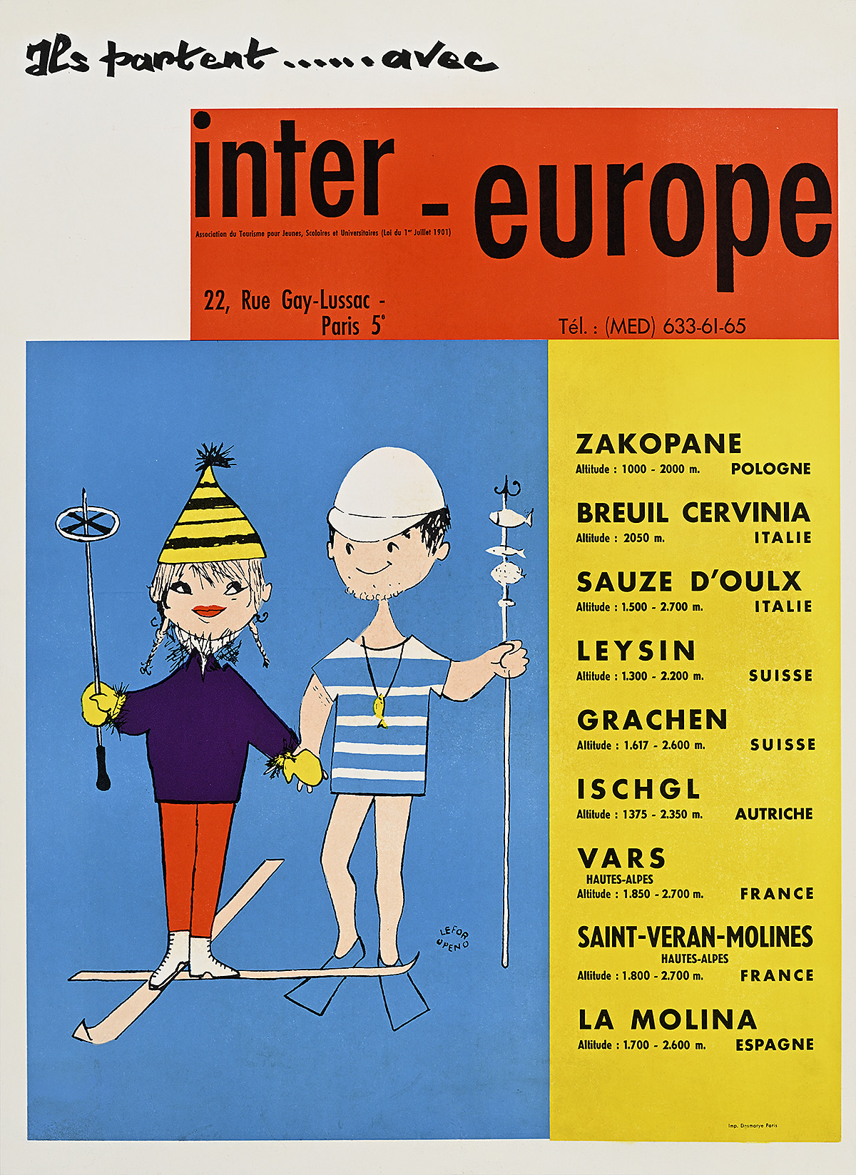 A poster of a cartoon man and woman in ski and swimming gear holding hands.