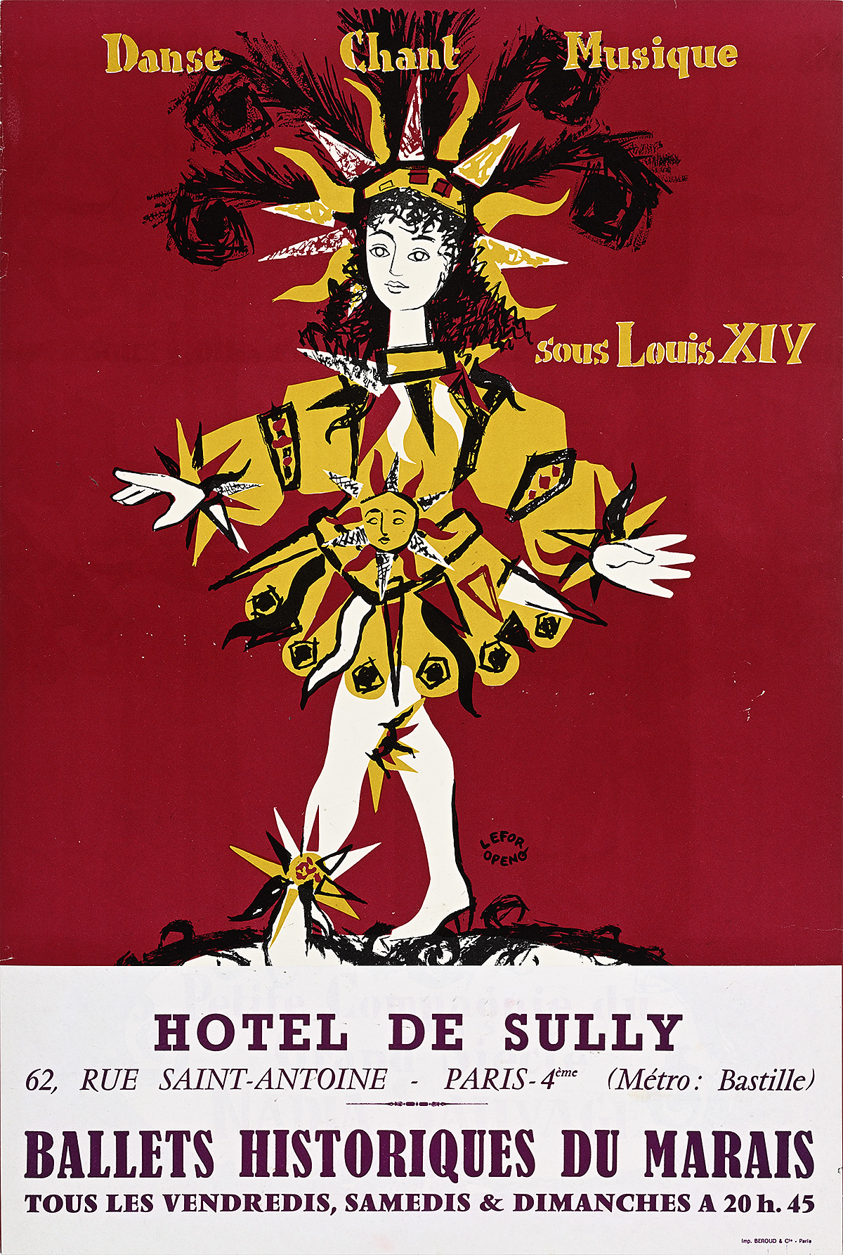 Afiche del dibujo de una figura vestida con un elaborado disfraz hecho de soles, plumas y remolinos, sobre un fondo rojo. 