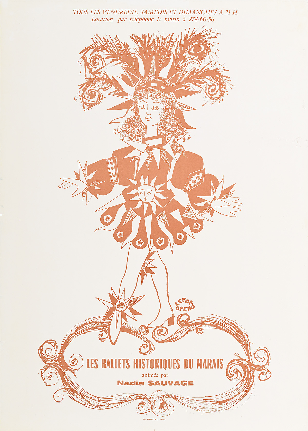 A poster of a figure in a fancy costume made out of suns, feathers, and swirls.