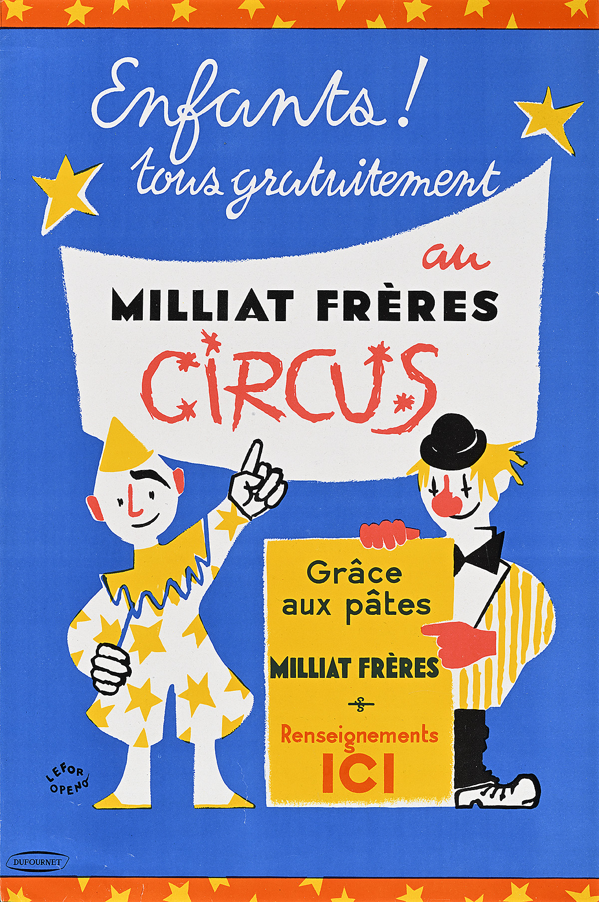 A poster of two cartoon clowns in front of a banner.