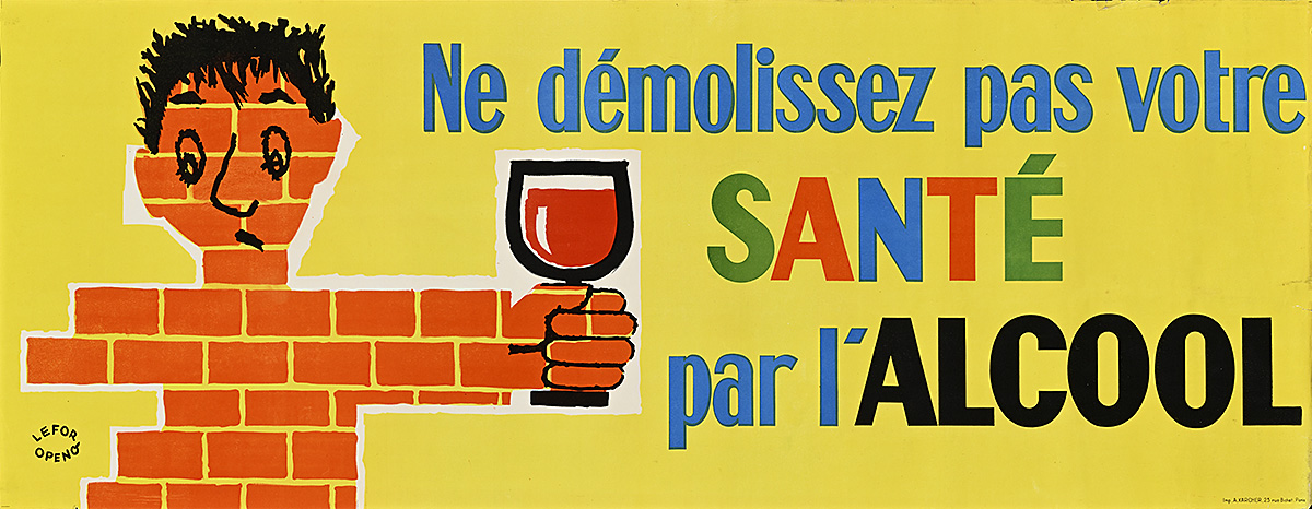 A horizontal poster with a cartoon figure made of bricks and holding a wine glass.