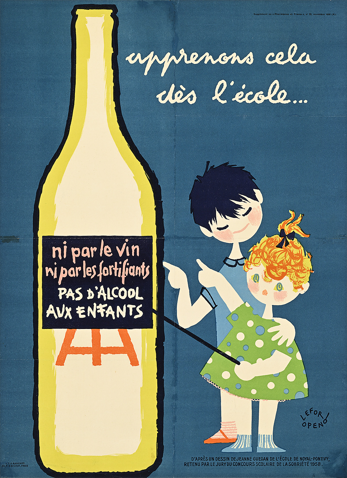A poster of two children pointing to an easel inside of a wine bottle.