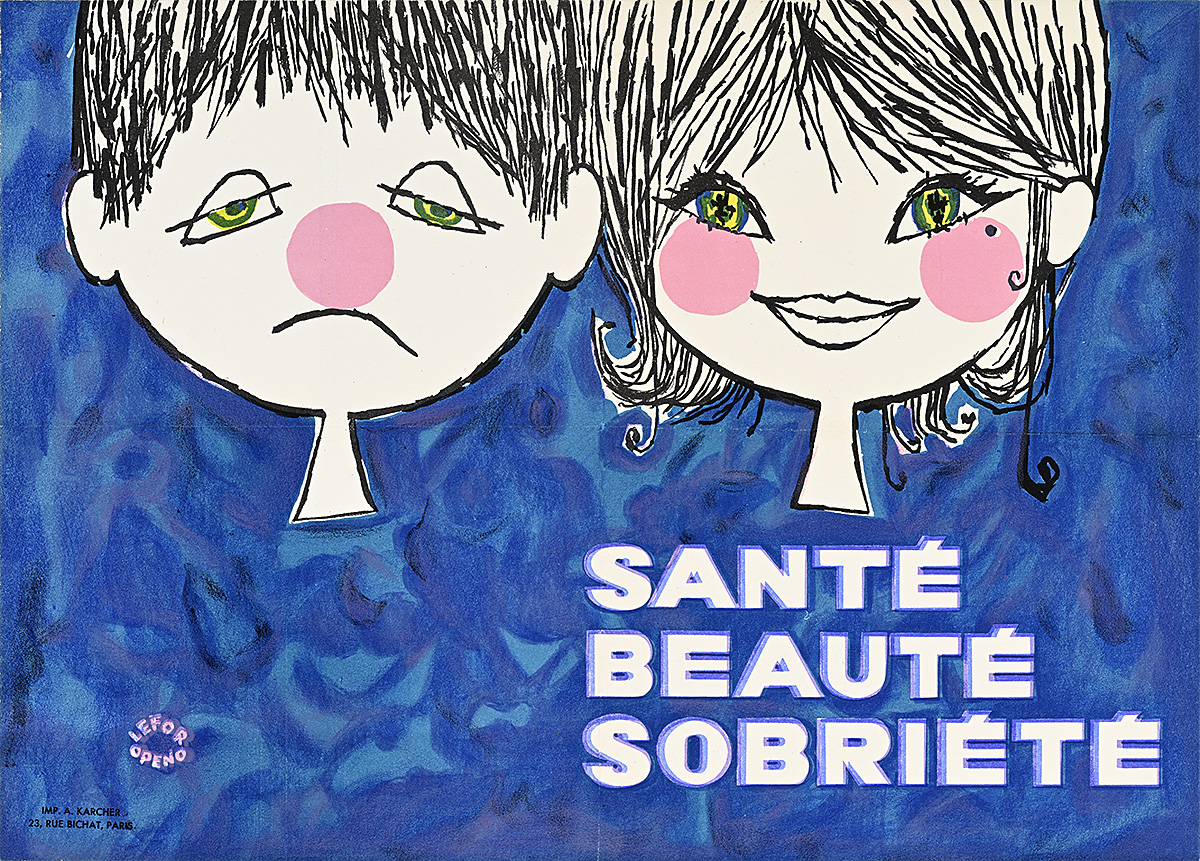 A poster of a cartoon man with a red nose and a woman with red cheeks.