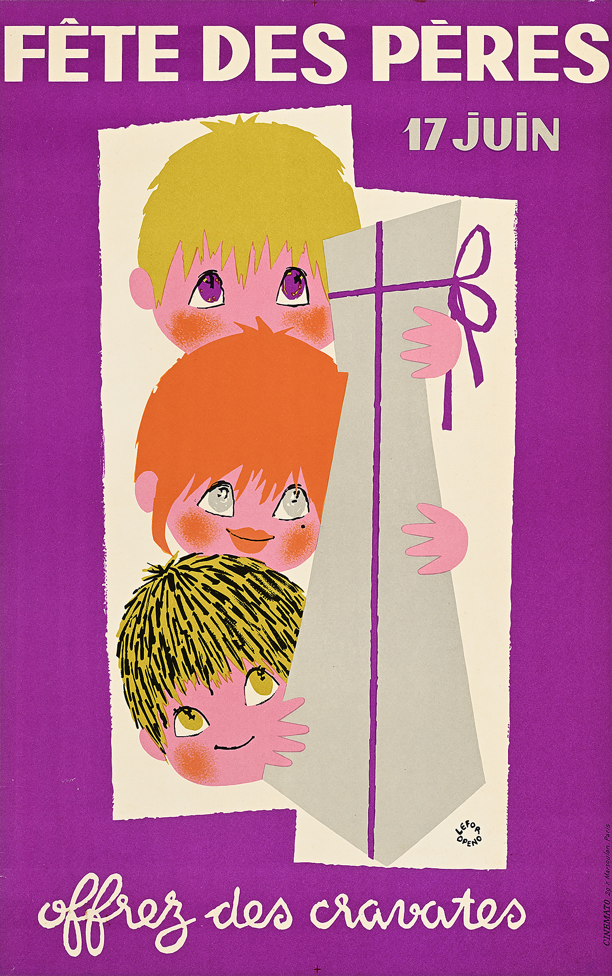 A poster of three cartoon children holding a grey tie.