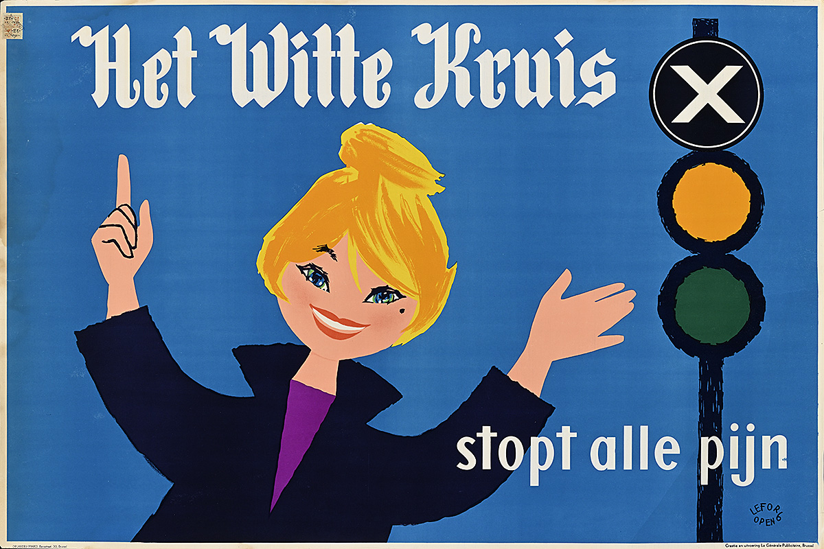 A poster of a cheerful illustrated woman with her hands in the air and next to a traffic light.