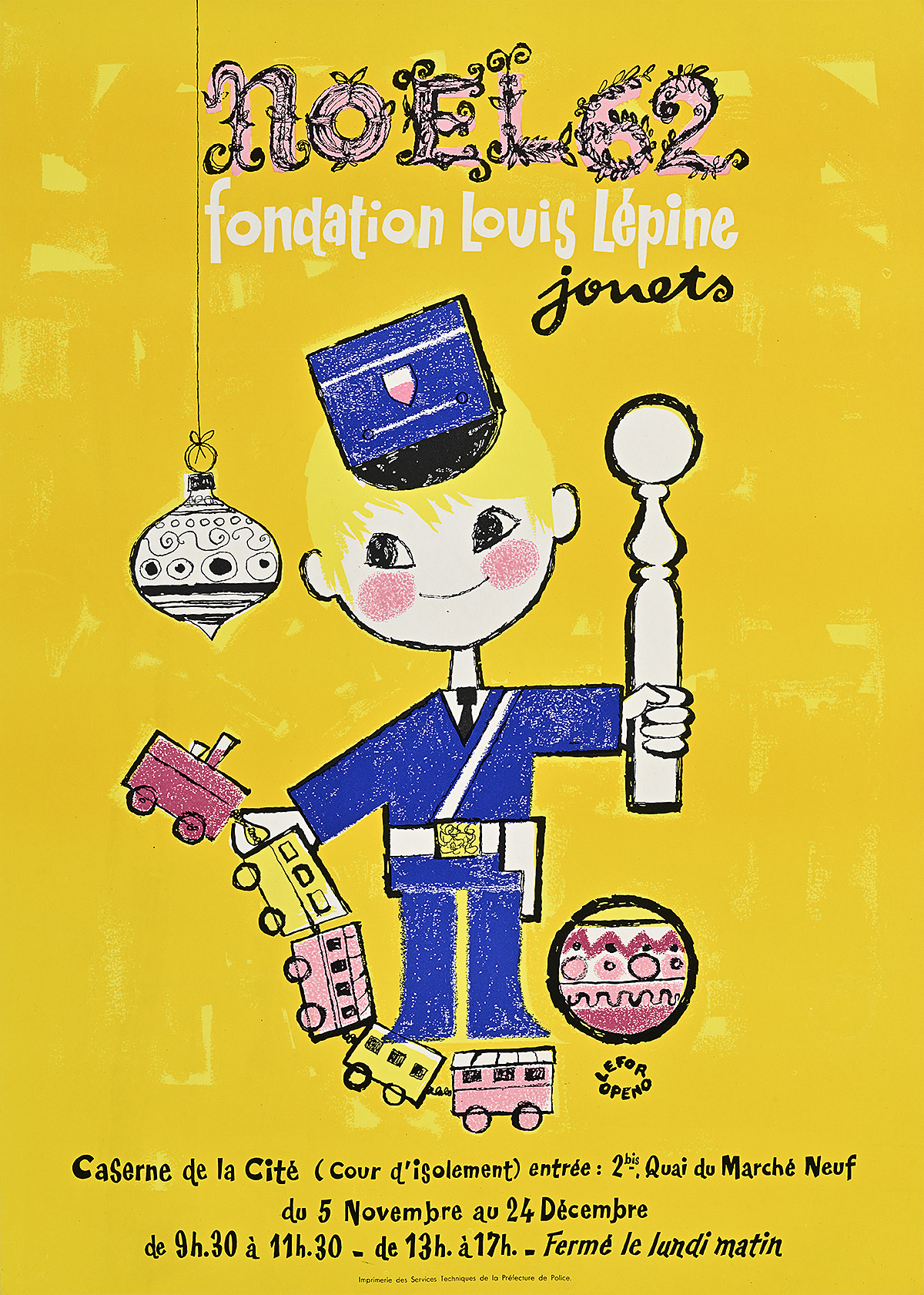 A poster of a boy in a police uniform surrounded by toys on a yellow background.