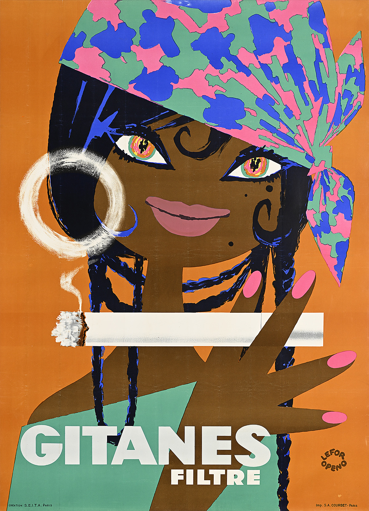 A poster of a cartoon Black woman with a headwrap smoking a cigarette.