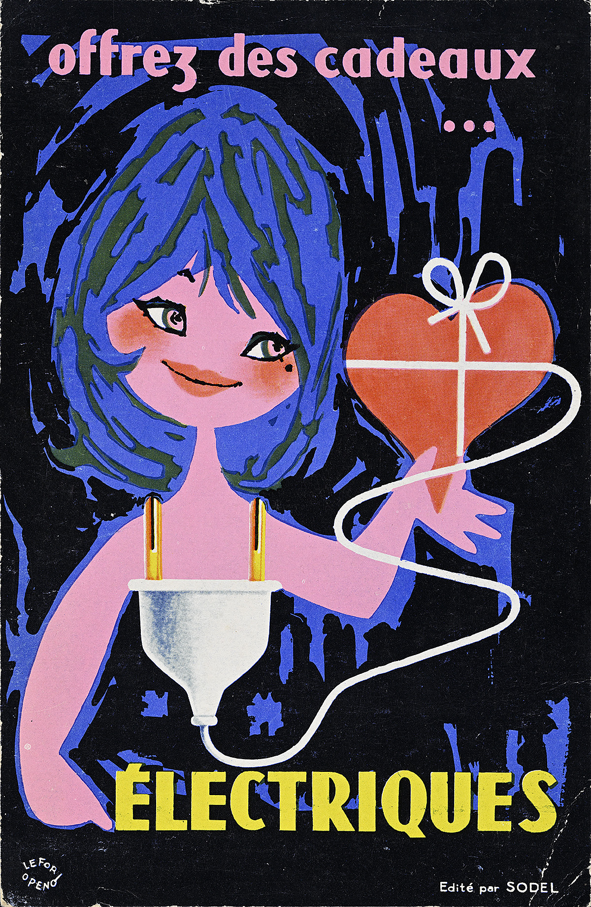 A poster with an illustration of a woman with an electrical plug as a shirt and holding a heart.