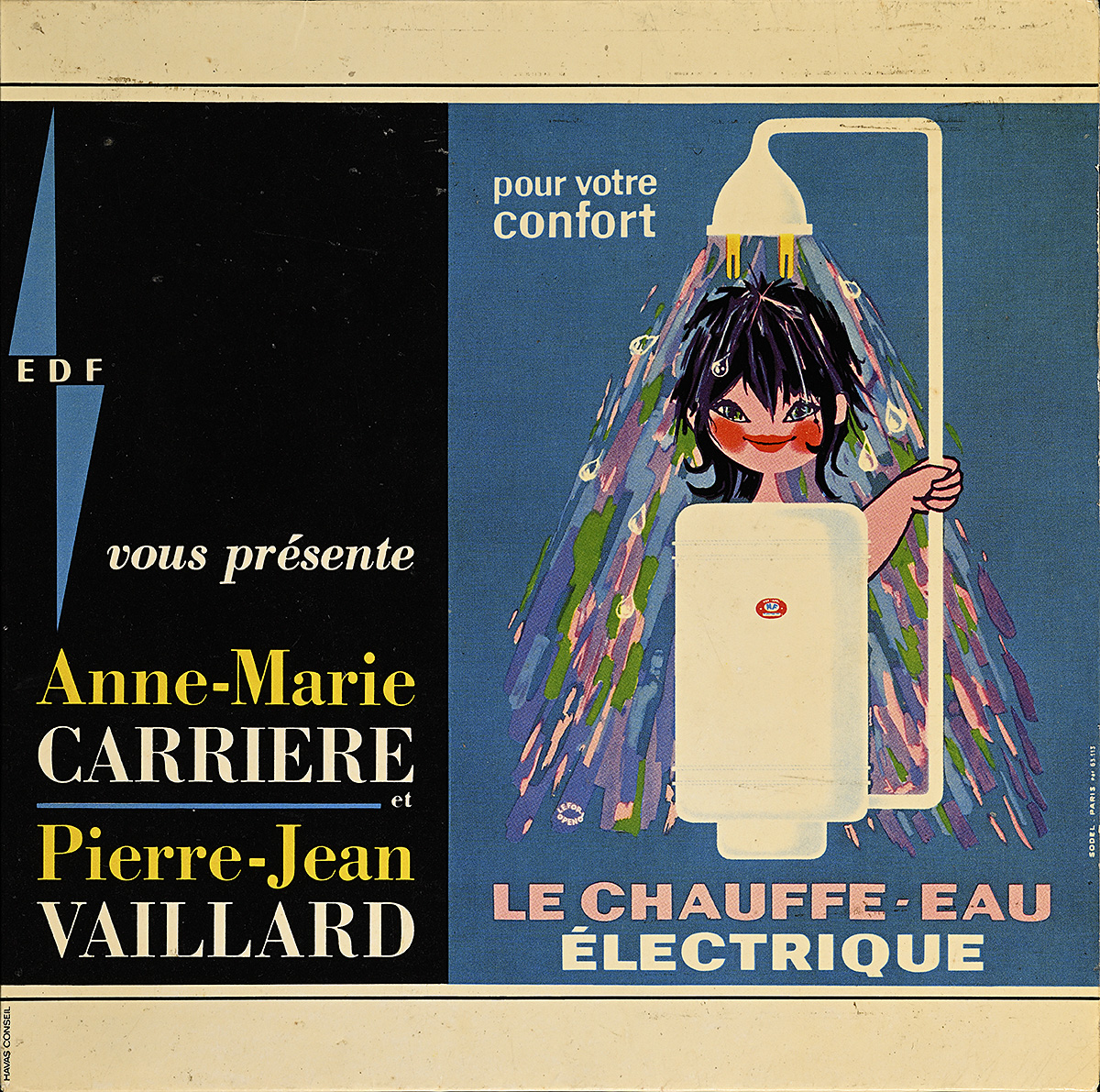 A poster with an illustration of a woman taking a shower with multi-colored water coming down.