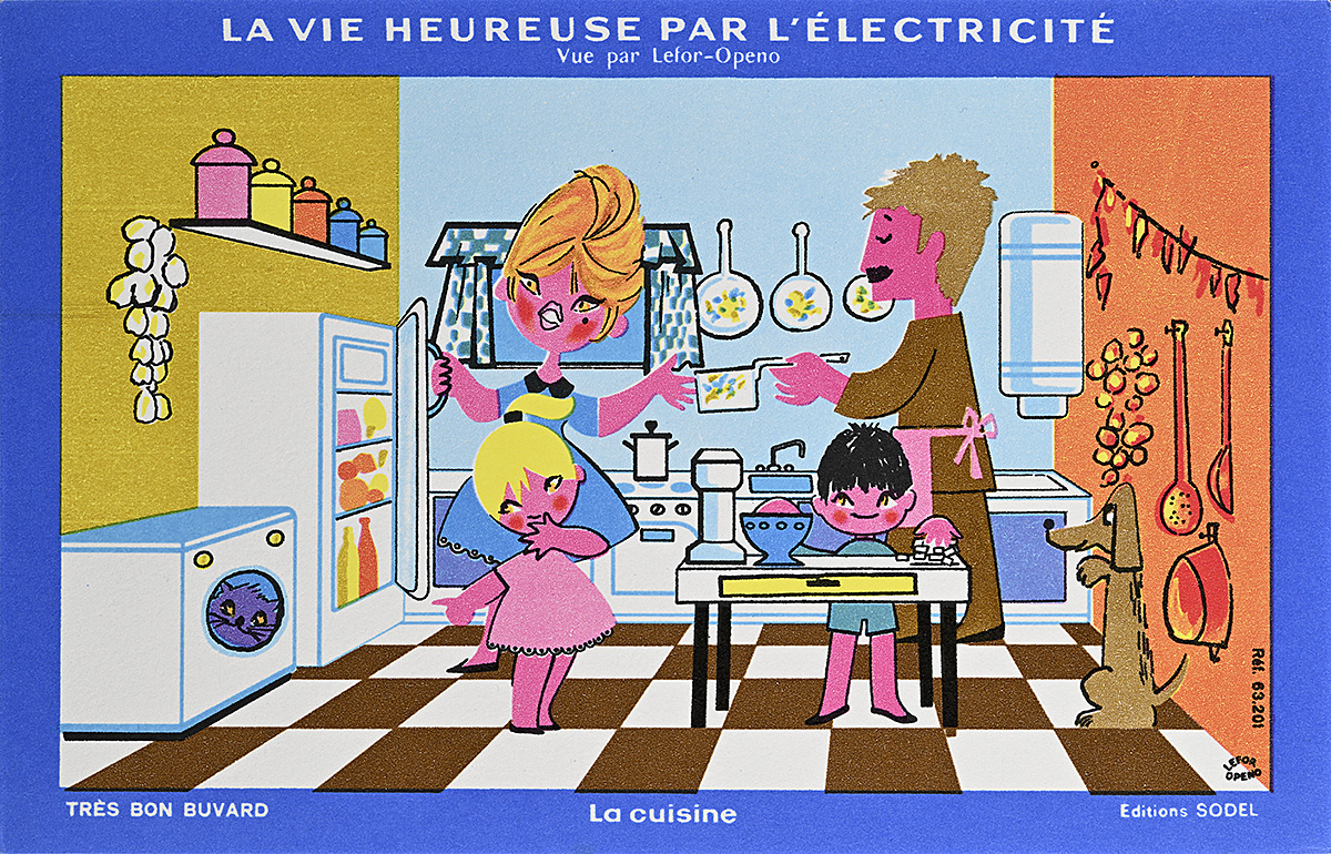 A poster of an illustrated home interior kitchen scene with four family members and a dog.