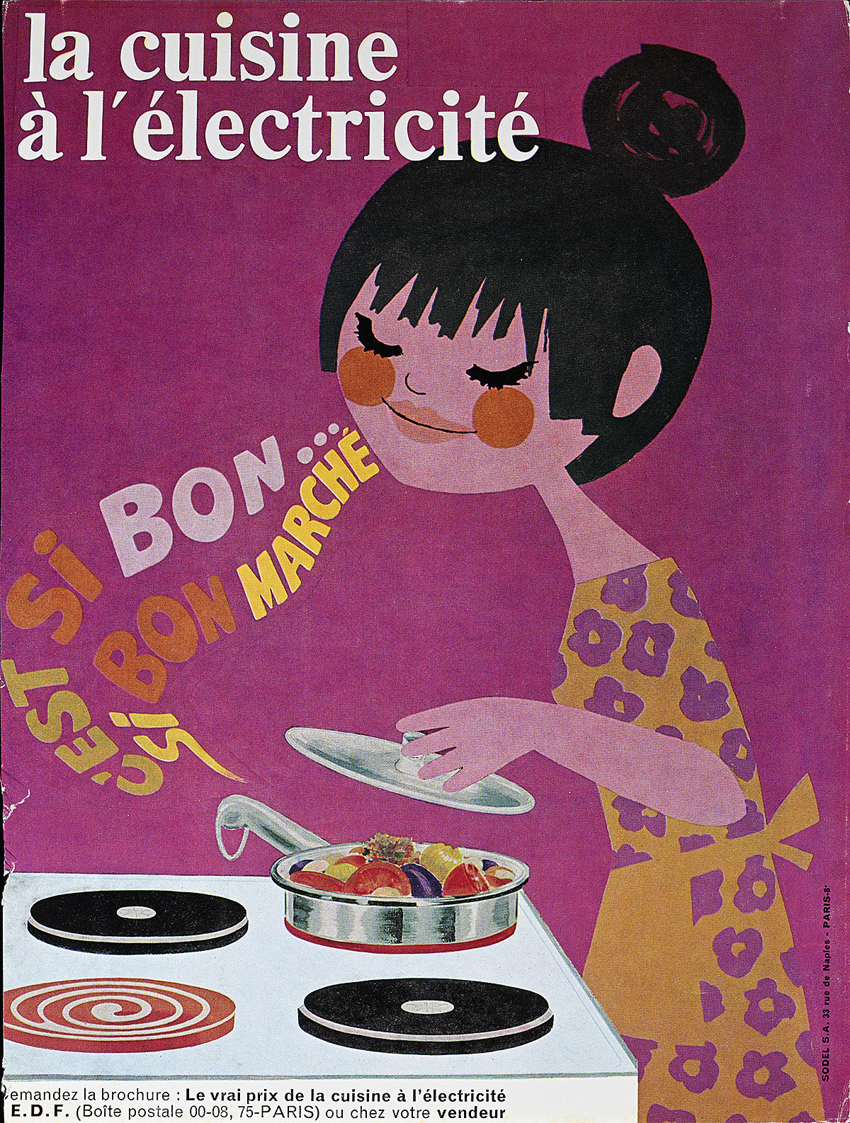 A poster with an illustration of a woman smelling food from a pot on the stove.