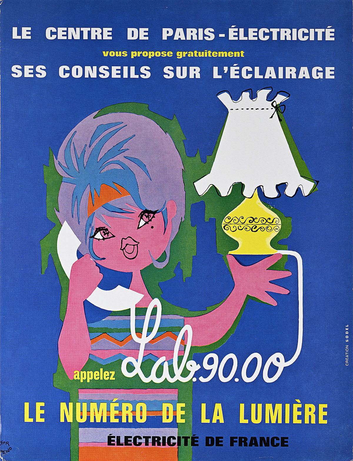 A poster with an illustration of a woman talking on the phone and holding a table lamp in her hand.