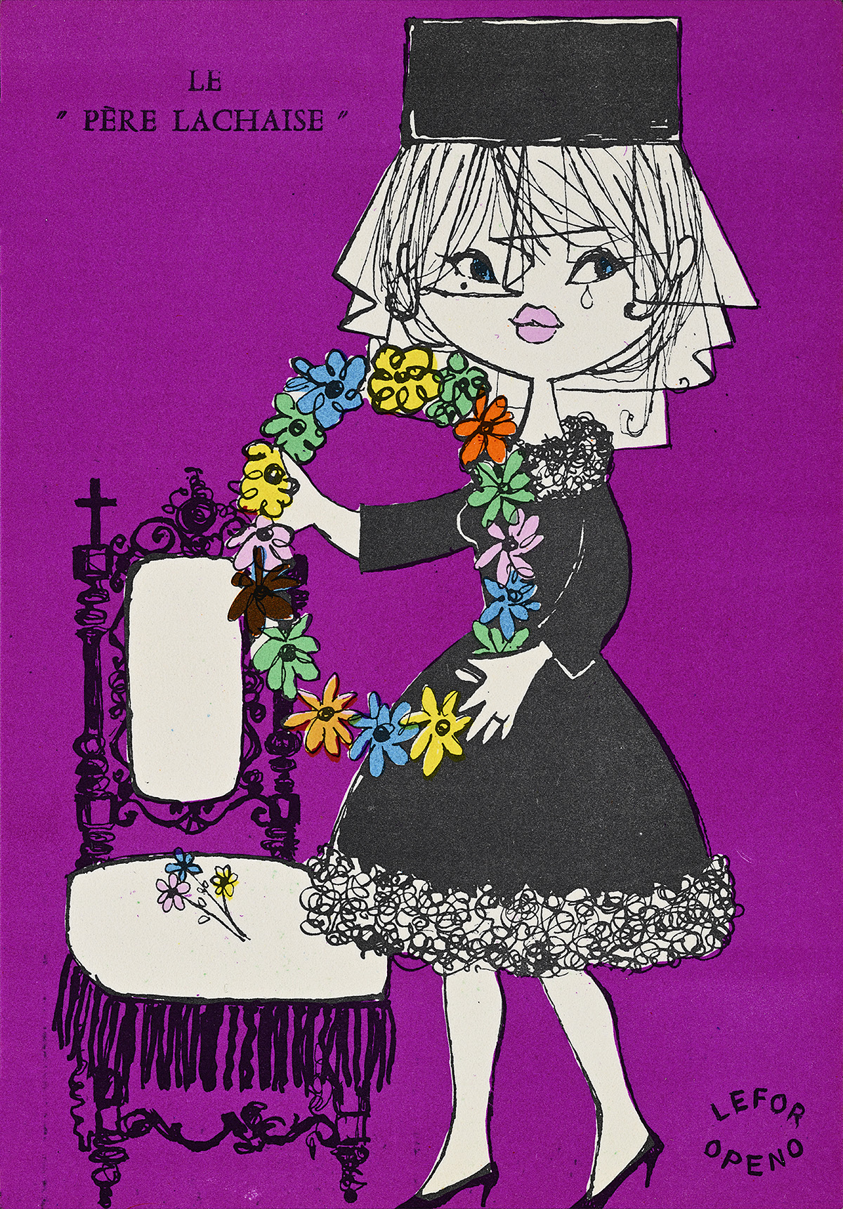 A postcard with an illustration of a woman dressed in black holding a colorful wreath.