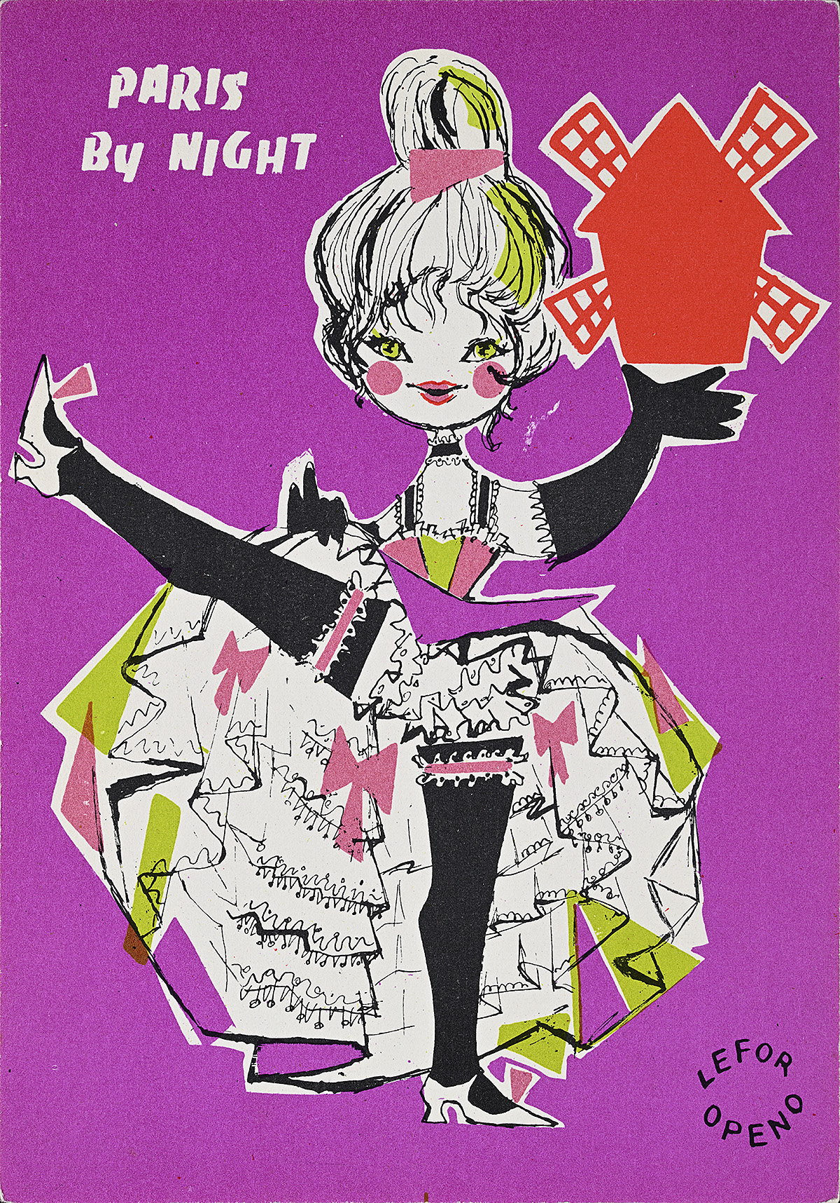 A postcard with an illustration of a woman in an elaborate dress holding up a red house in her hand.