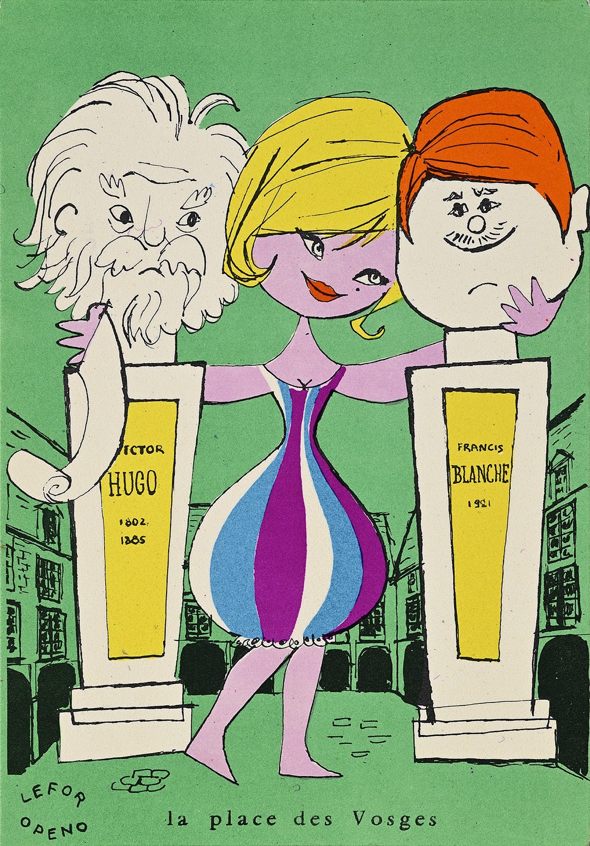 A postcard with an illustration of a woman in a striped dress standing between two statues.