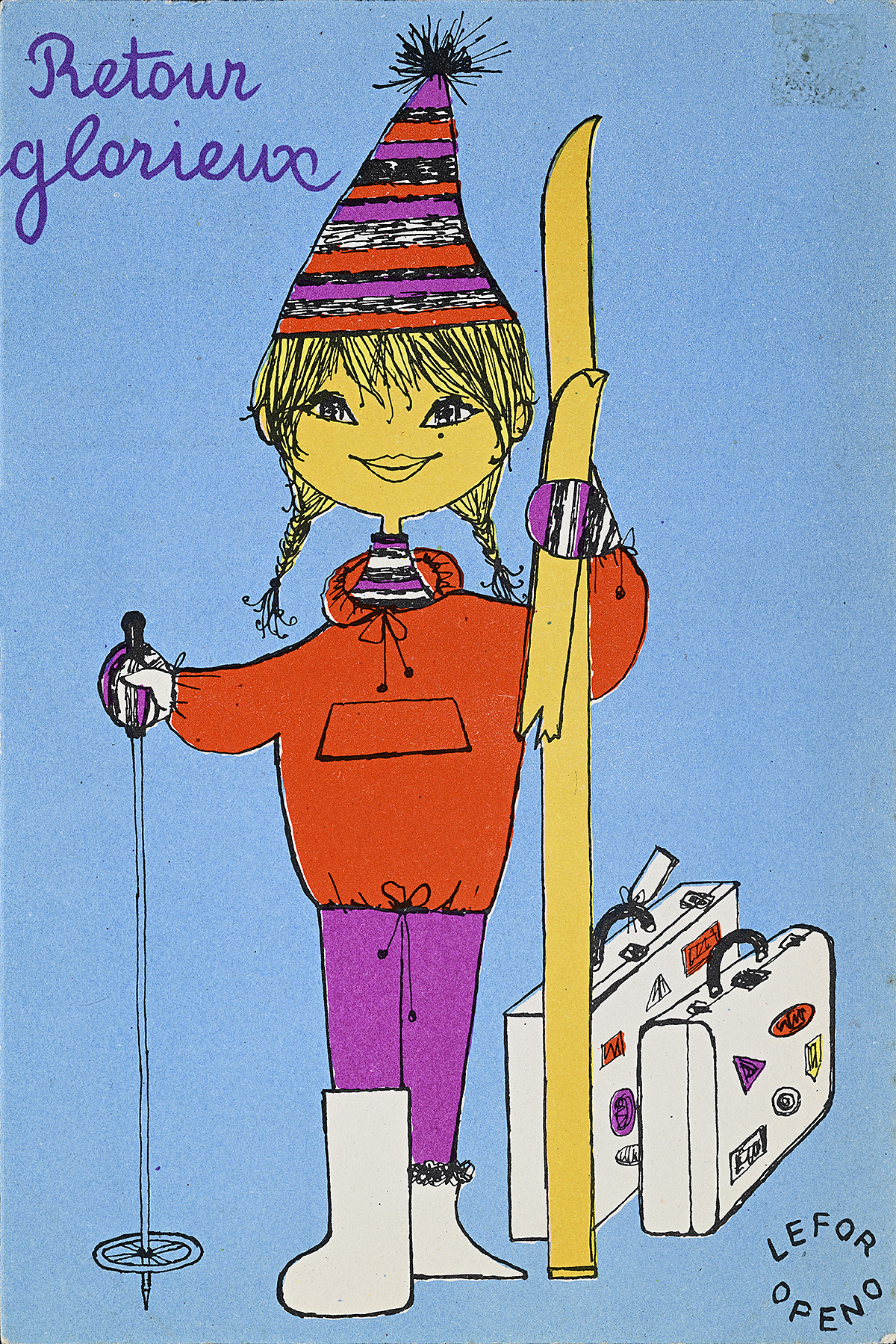A postcard with an illustration of a woman in a ski outfit holding skis next to suitcases.