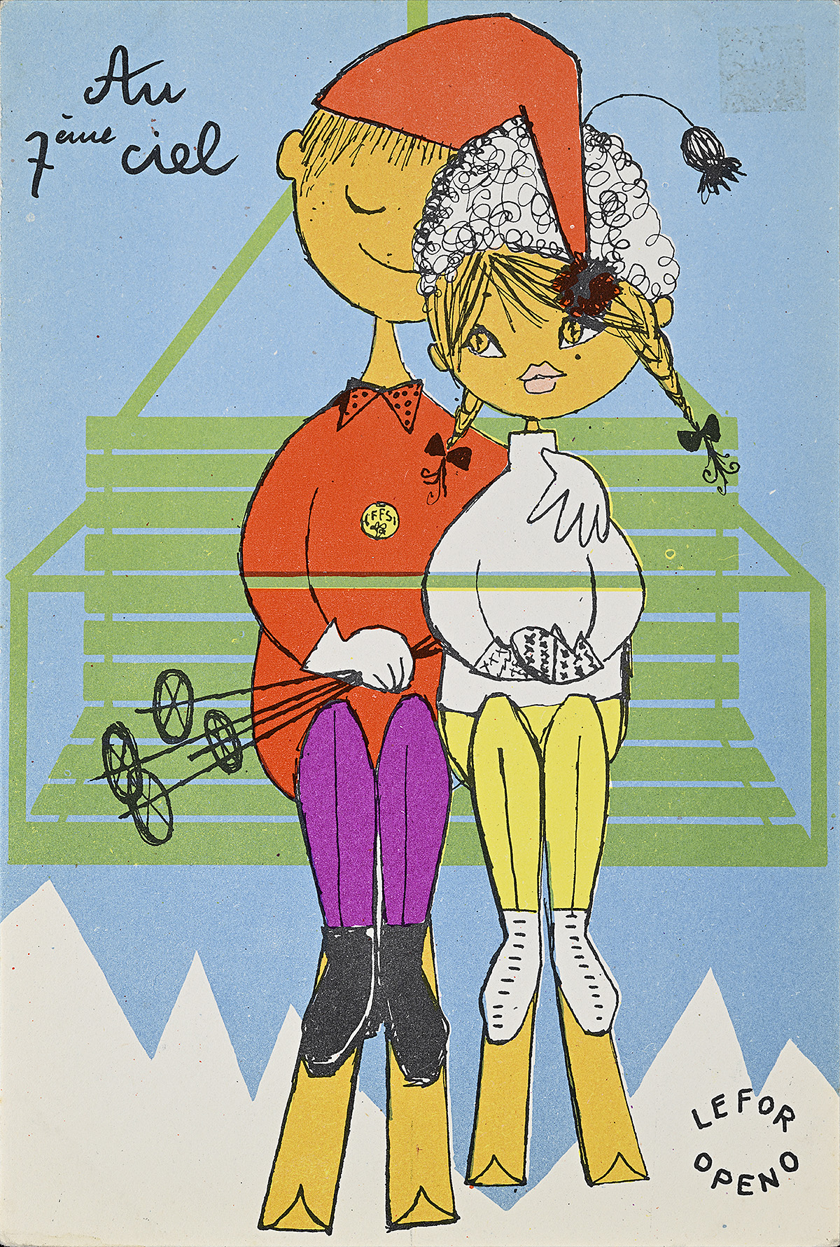 A postcard with an illustration of a couple sitting closely together on a ski lift.