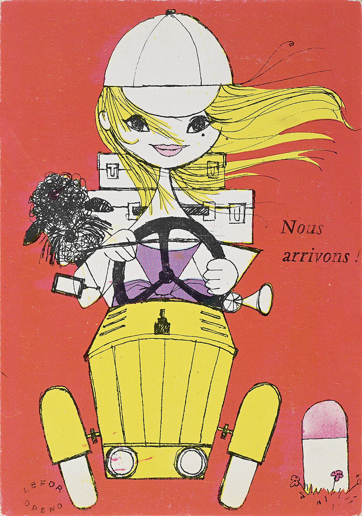 A postcard with an illustration of a woman with long yellow hair driving a car.