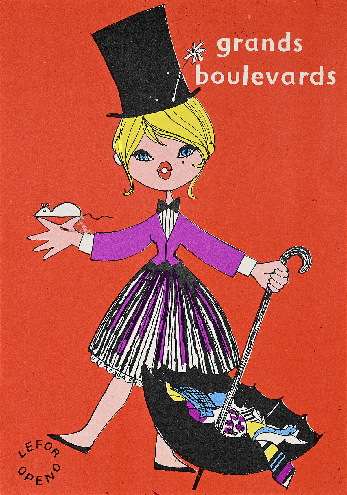 A postcard with an illustration of a woman in a skirt and top hat holding an upside-down umbrella.