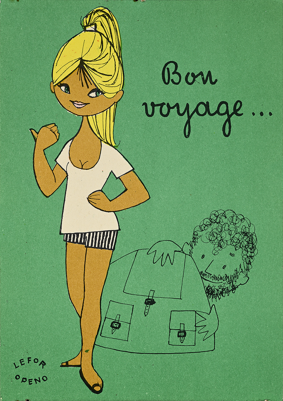 A postcard with an illustration of a woman with yellow hair standing on a green background.