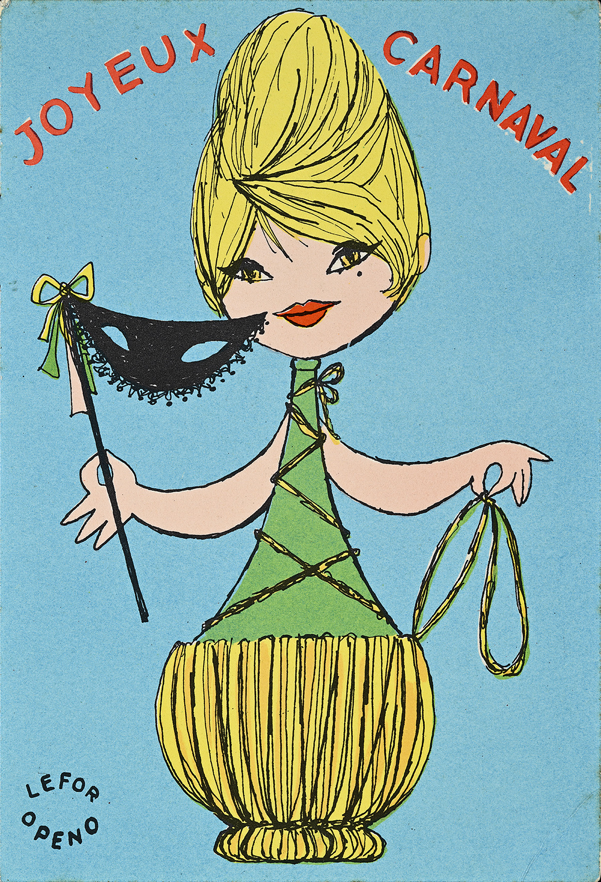 A postcard with an illustration of a woman in a green dress holding a black masquerade mask.
