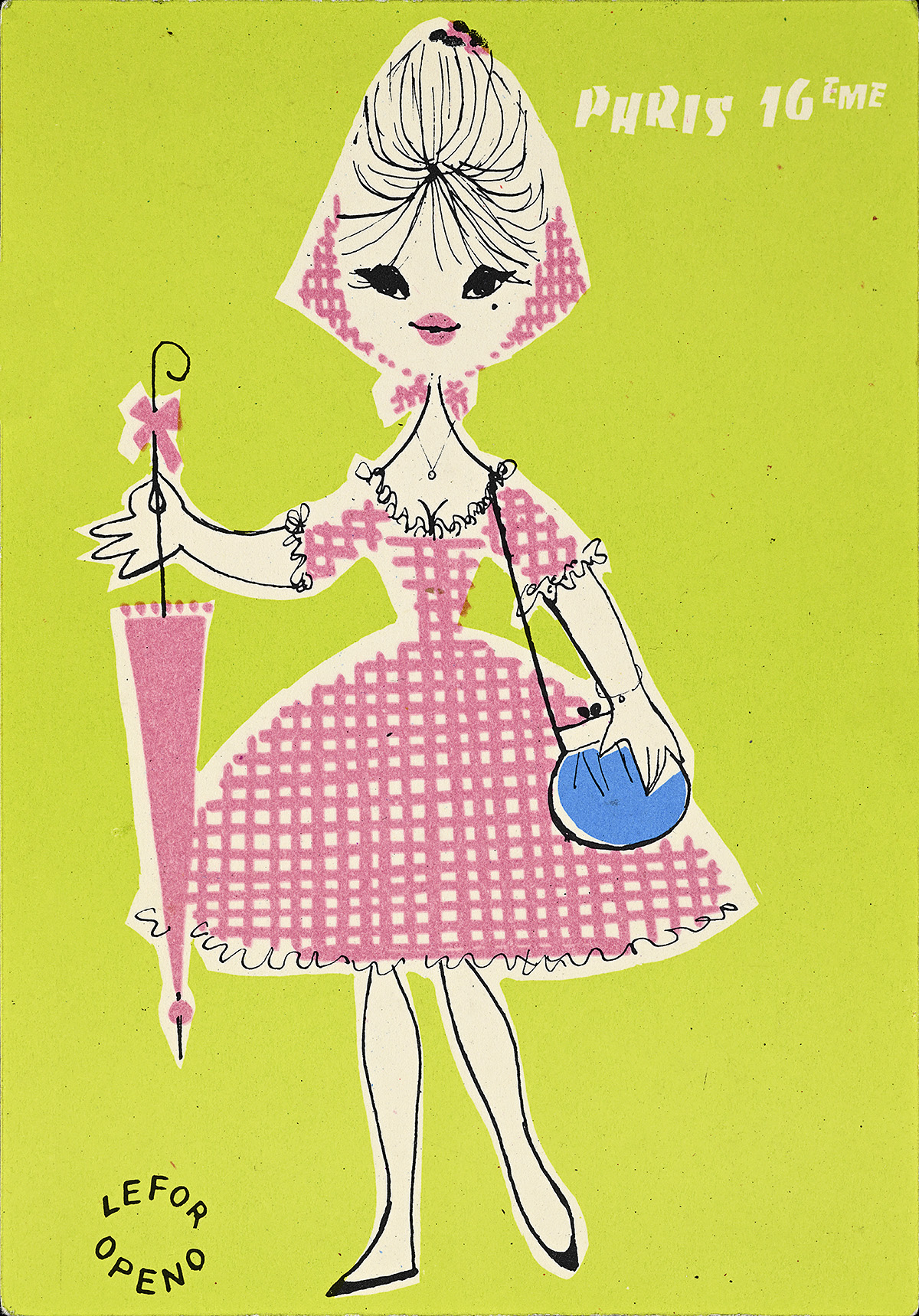 A postcard with an illustration of a woman in a pink gingham dress and holding a pink umbrella.