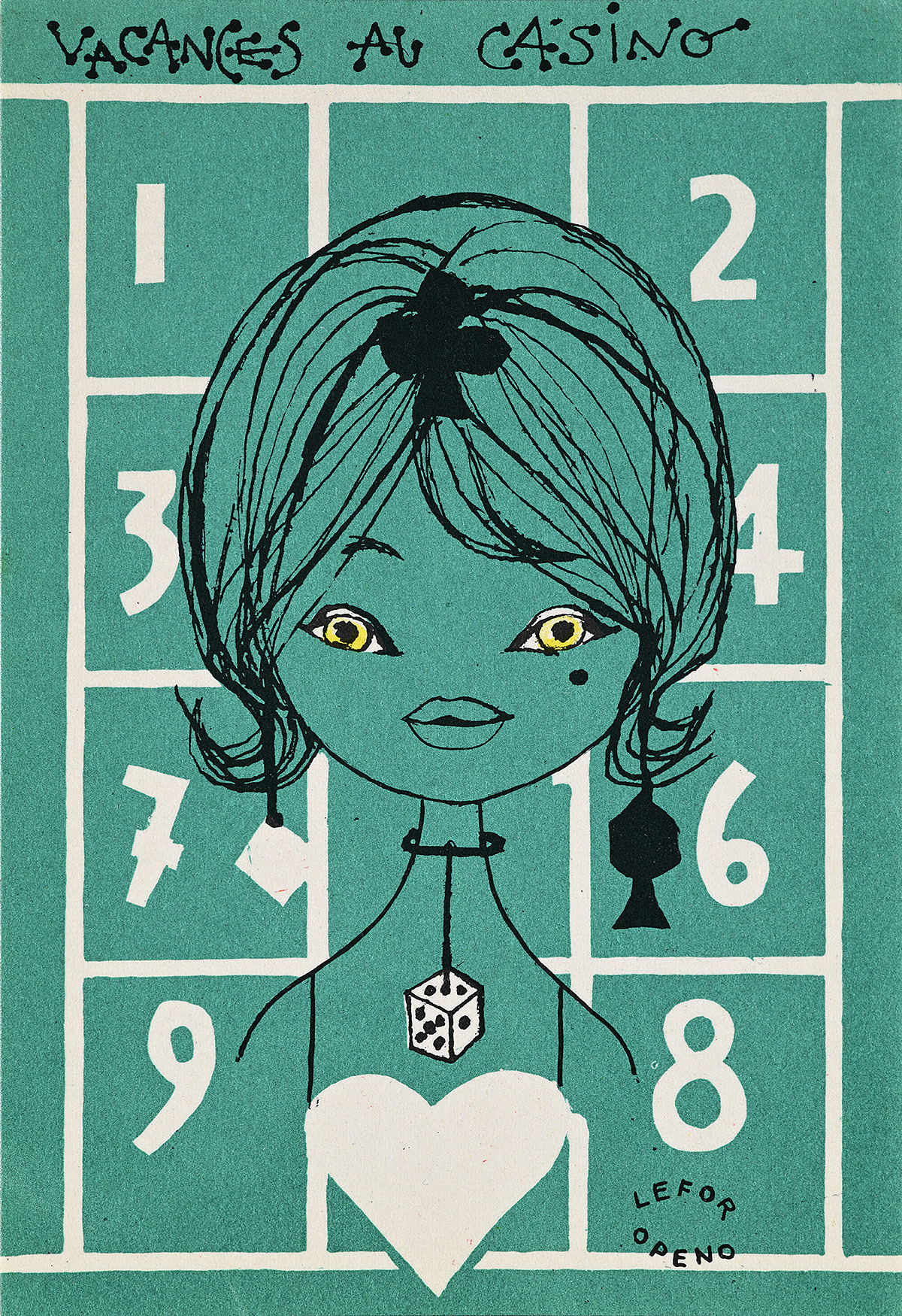 A postcard with a black line drawing of a womans face over a white grid and numbers with a white heart.