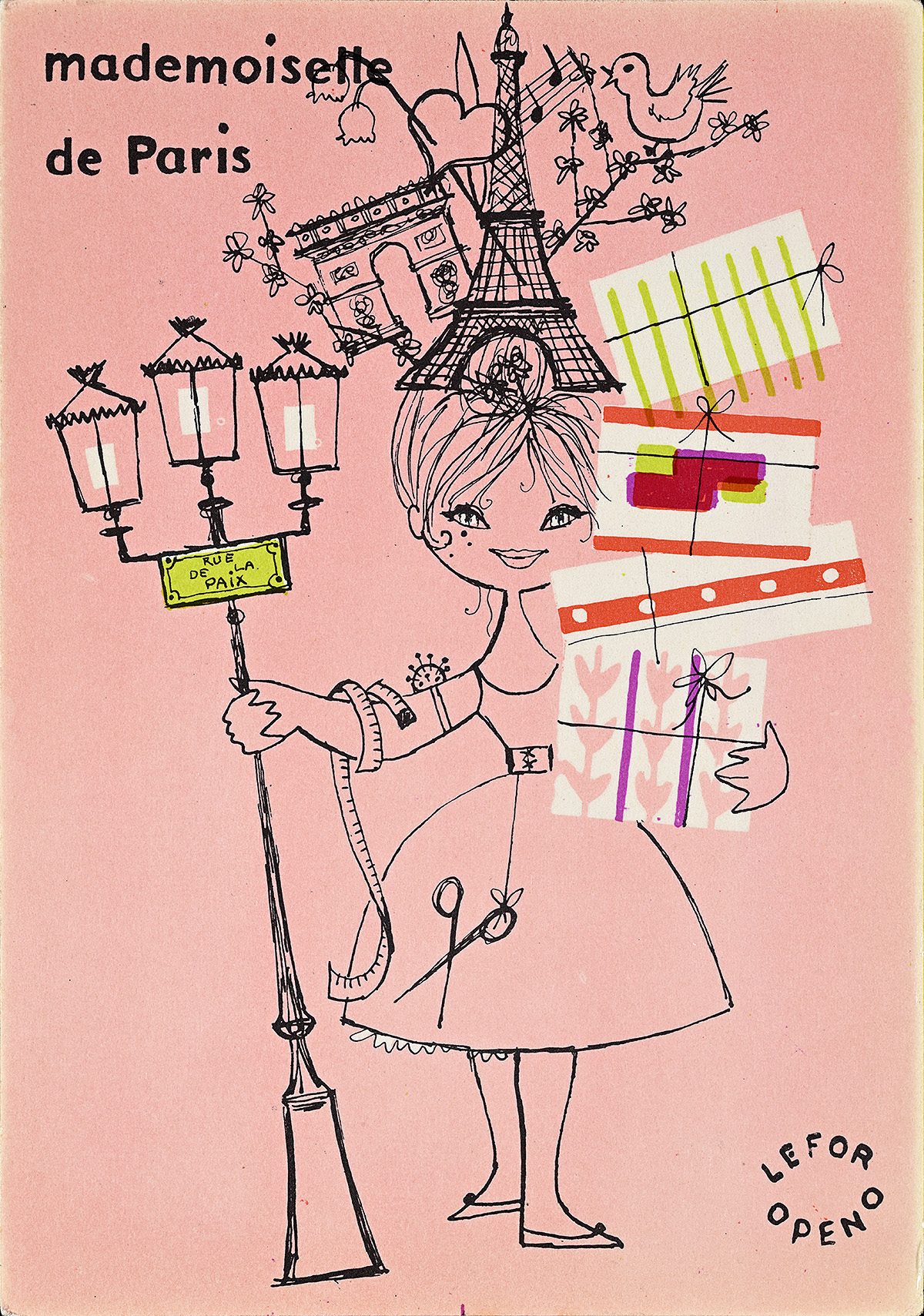 A postcard with an illustration of a woman holding a stack of decorative boxes and a lamppost.