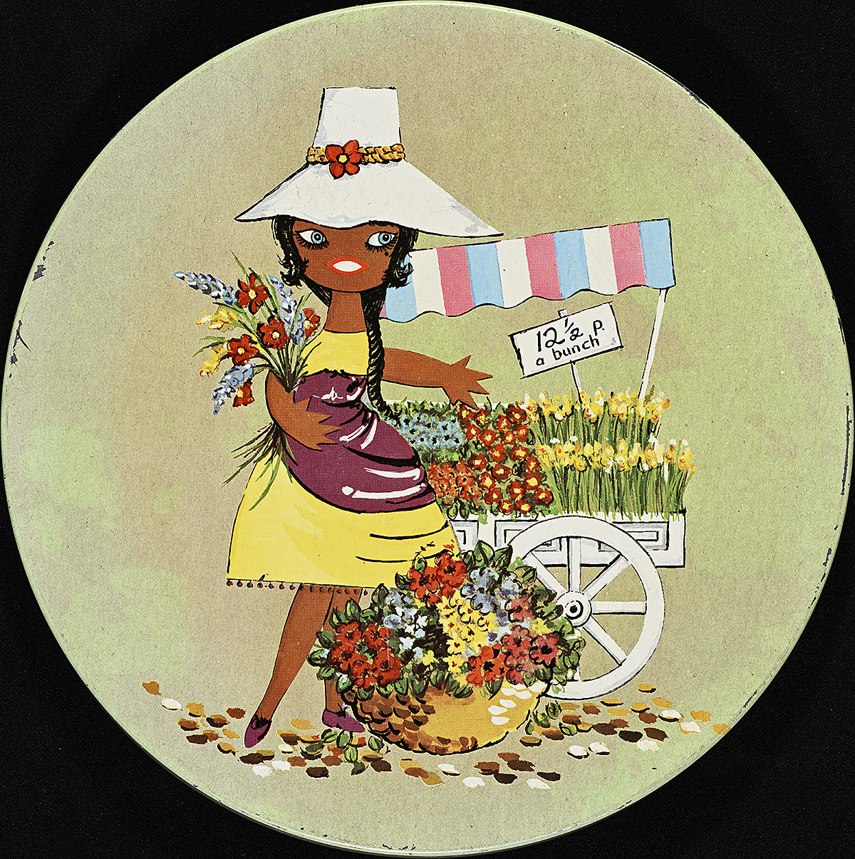 A cookie tin lid with a woman standing next to a flower cart and surrounded by flowers.