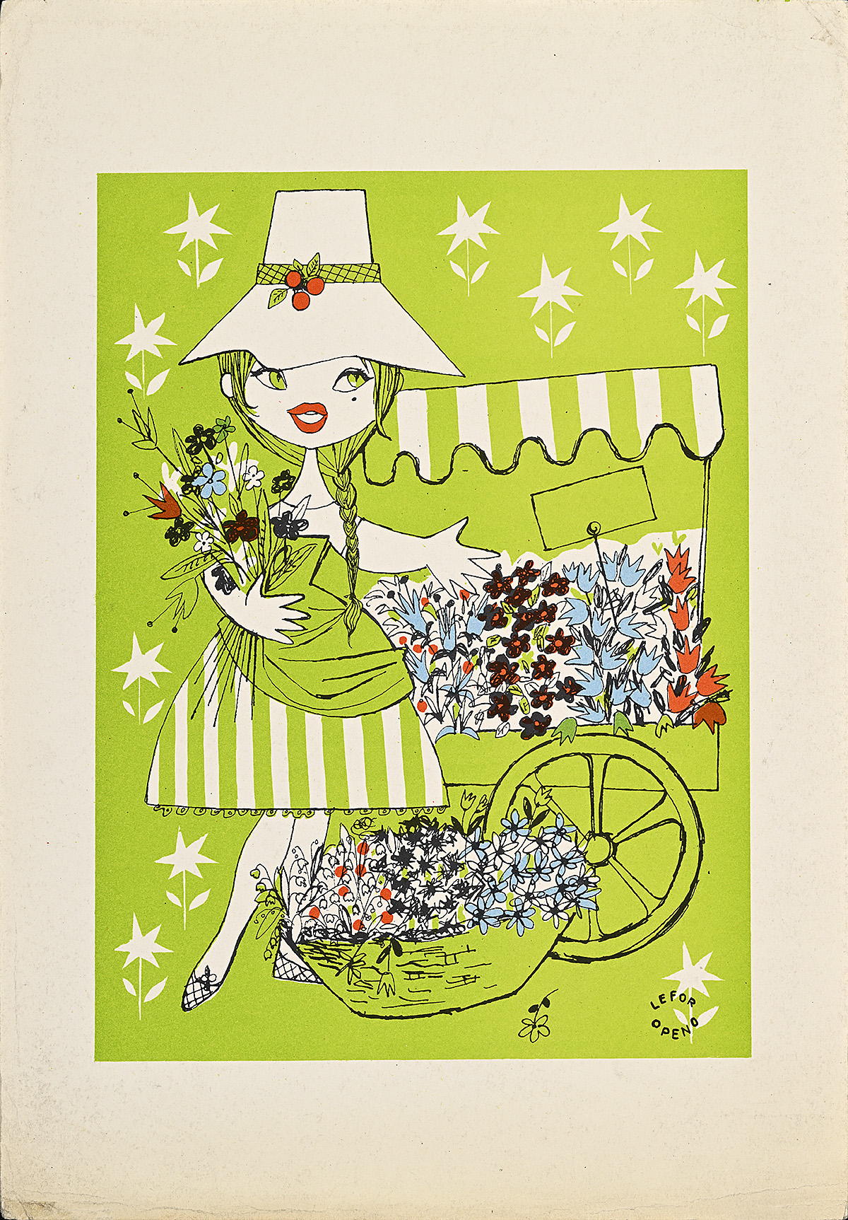 An illustration of a woman standing next to a flower cart and surrounded by flowers.