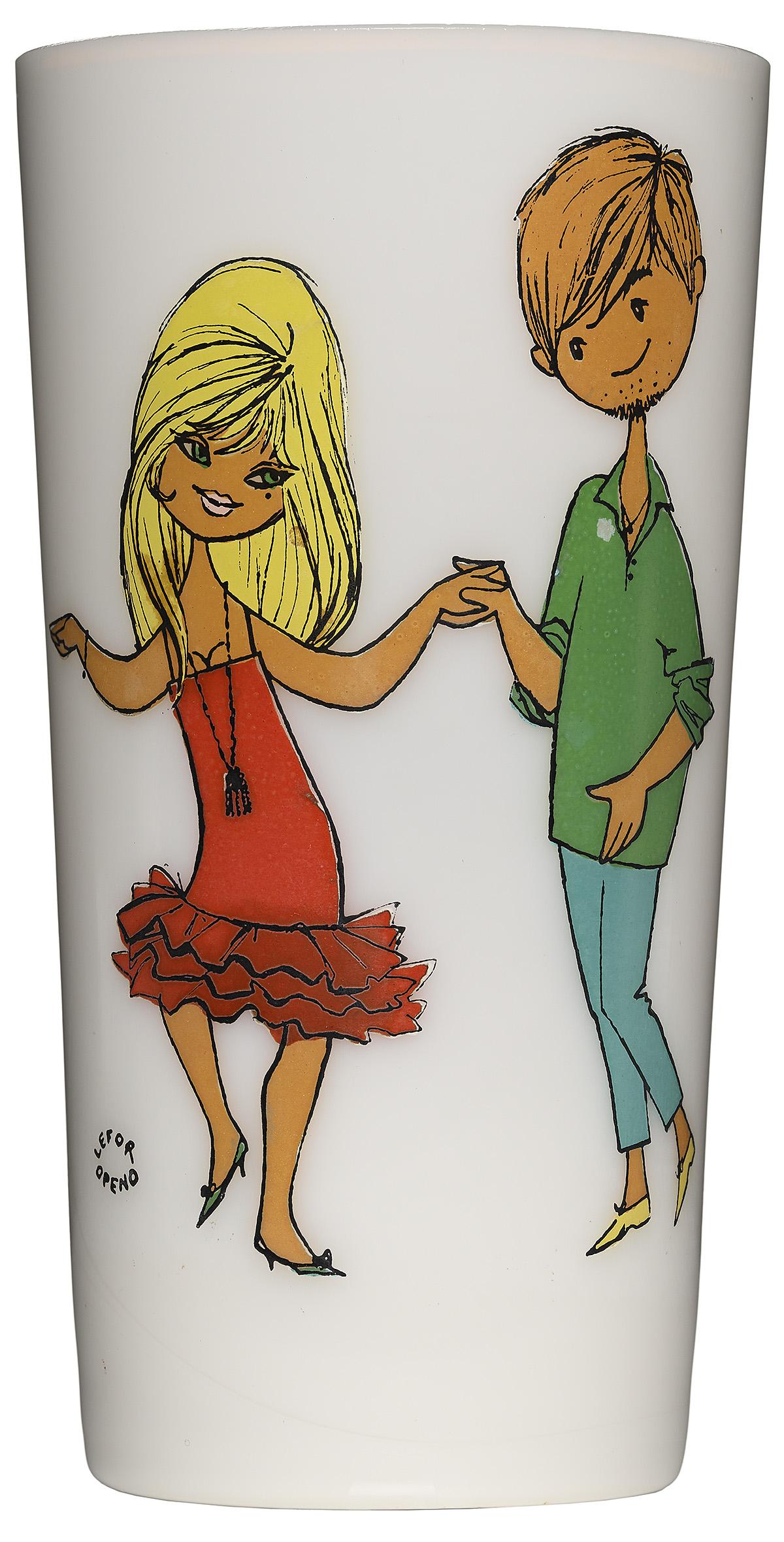 A drinking glass with illustrations of cheerful young people holding hands.