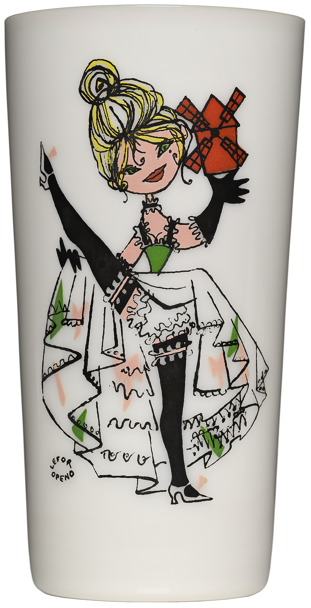 A drinking glass with an illustration of a woman in a dress and black tights.