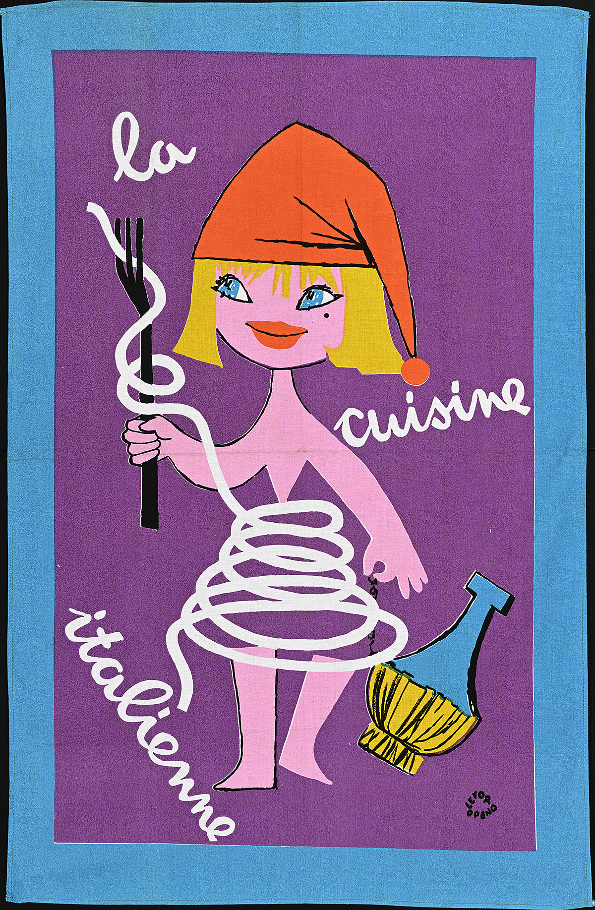 A towel with an illustration of a figure with a white curvy line for a body and wearing a night cap.