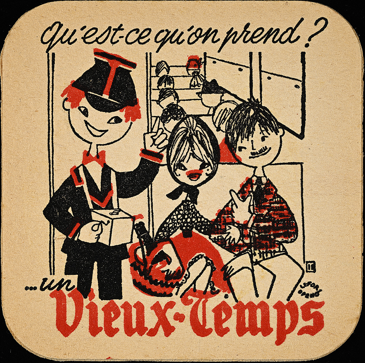 A coaster with an illustration of sitting passengers.