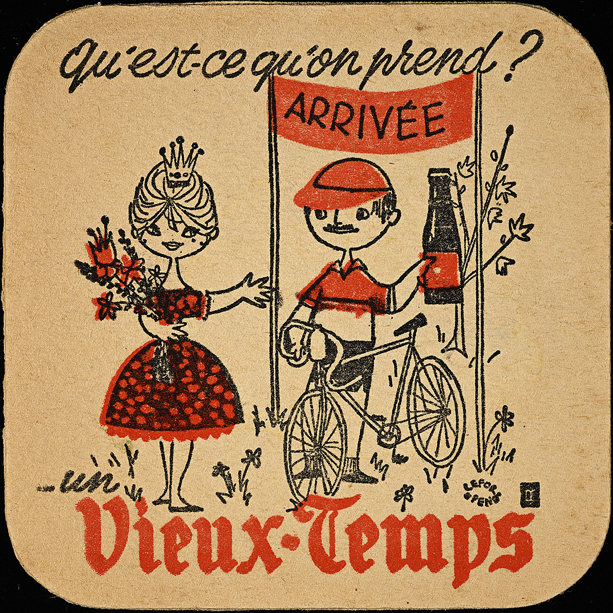 A coaster with an illustration of a man with a bicycle under a banner and a woman with flowers.