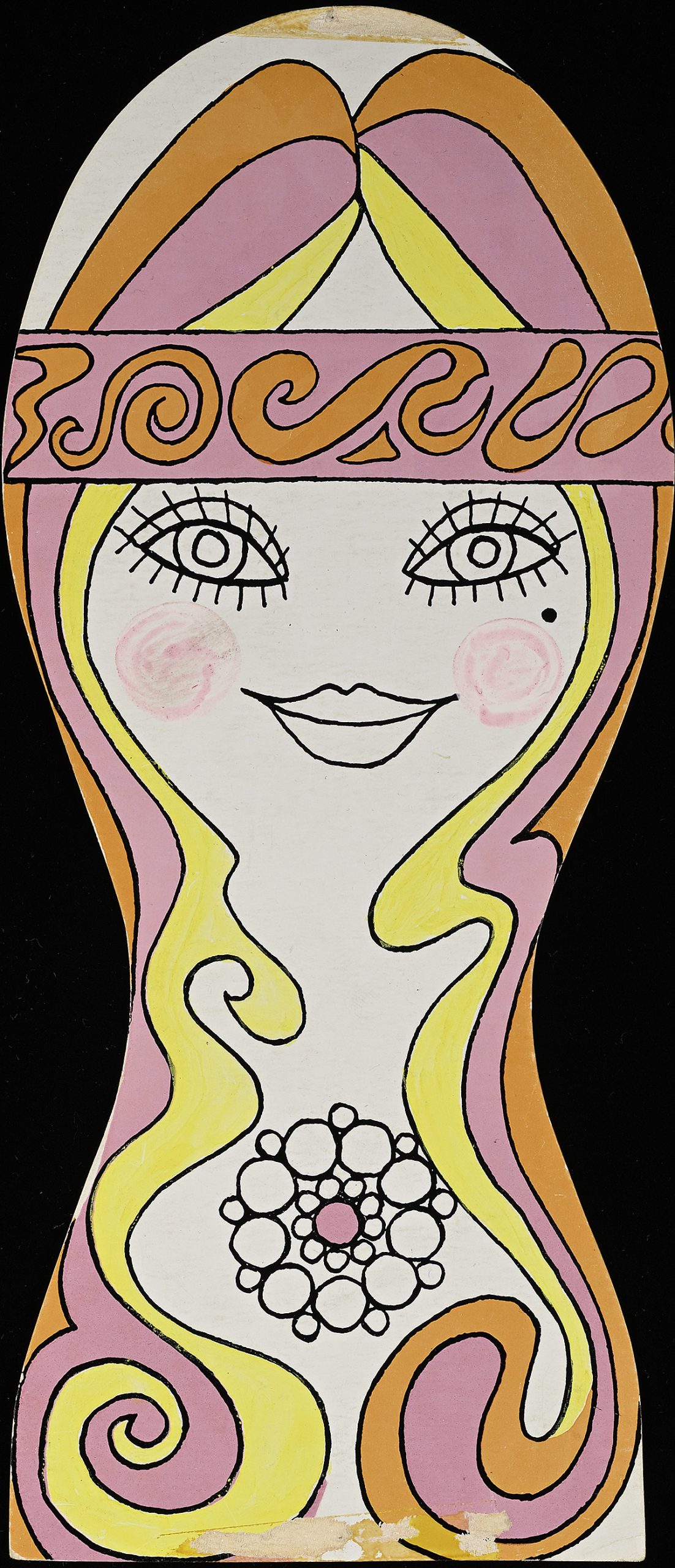 An invitation with a drawing of a woman's face with long hair.