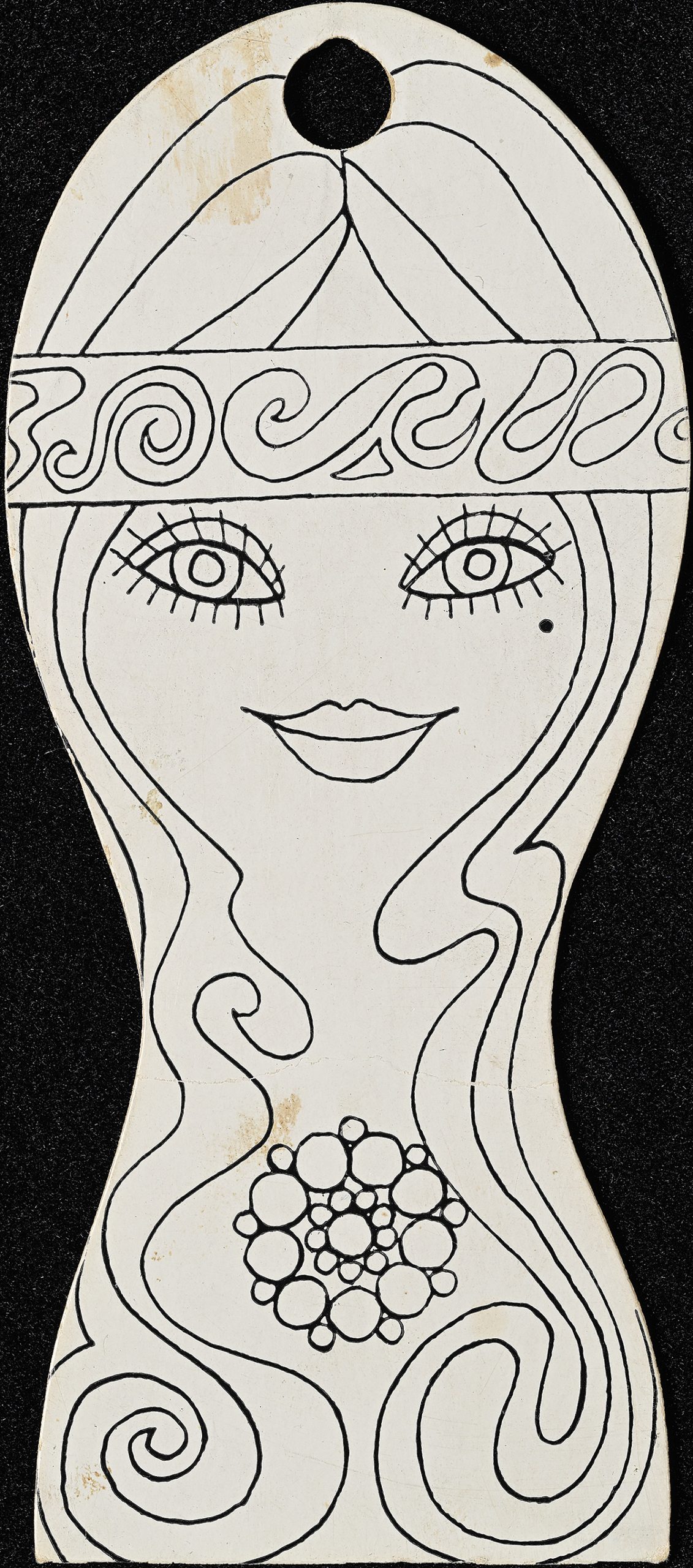 An invitation with a black outline drawing of a woman's face with long hair.