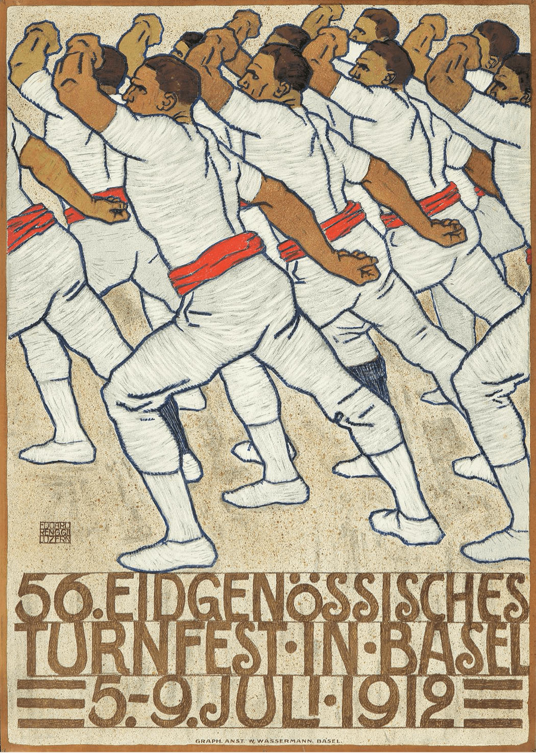A poster with men standing in formation wearing white outfits and with their left arms in the air.