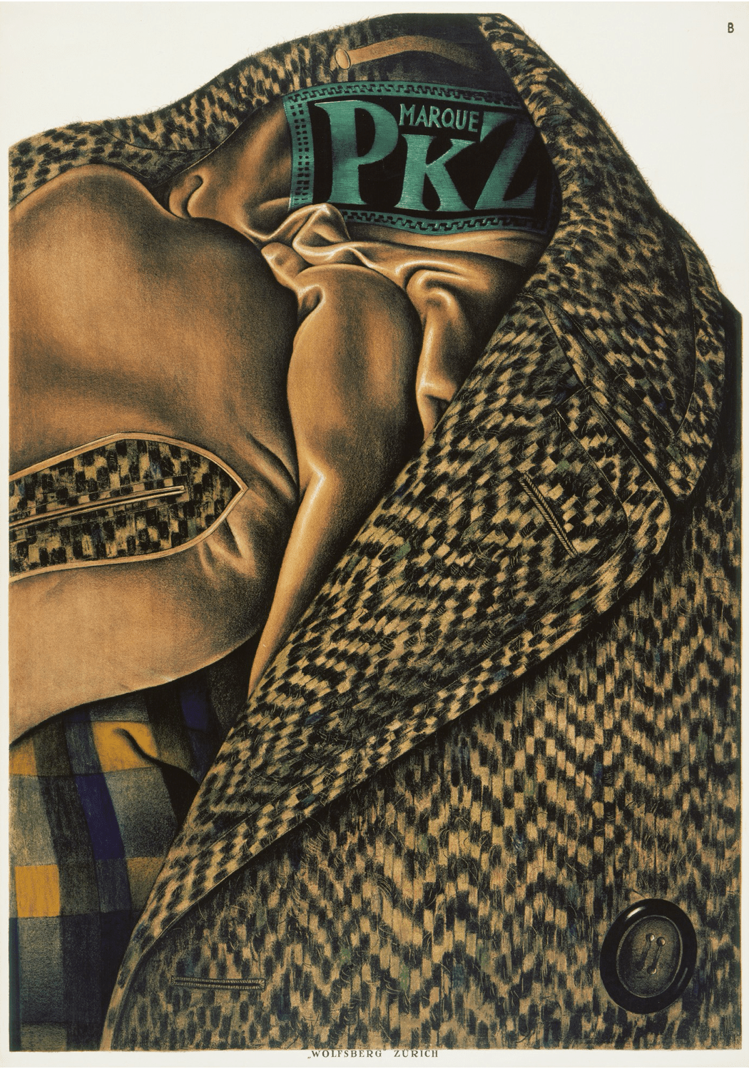 A poster with a black and tan patterned jacket with an inside tag that reads Marque PKZ in green.