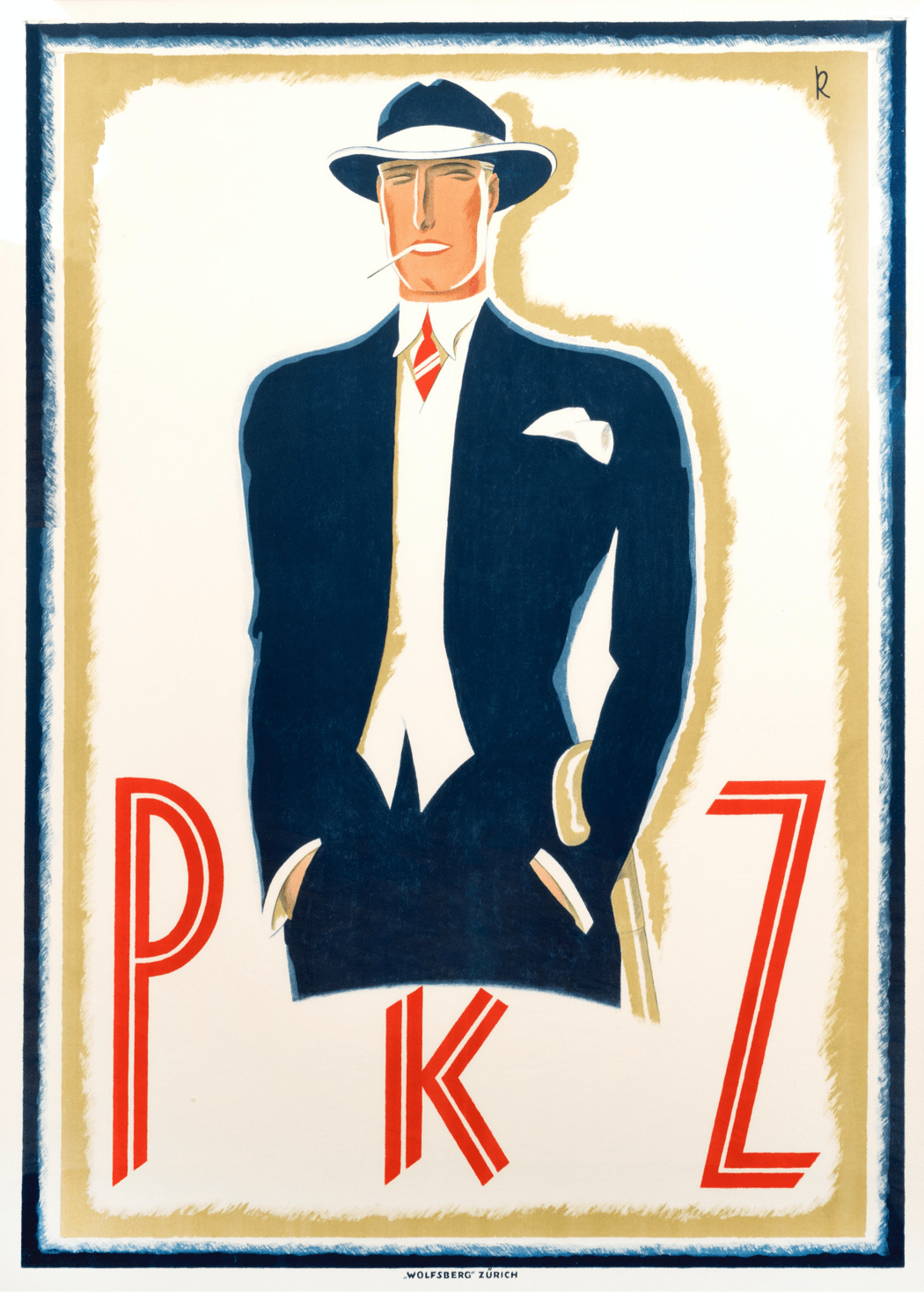 A poster with an illustration of a man in a navy suit and hat smoking a cigarette over red letters PKZ.