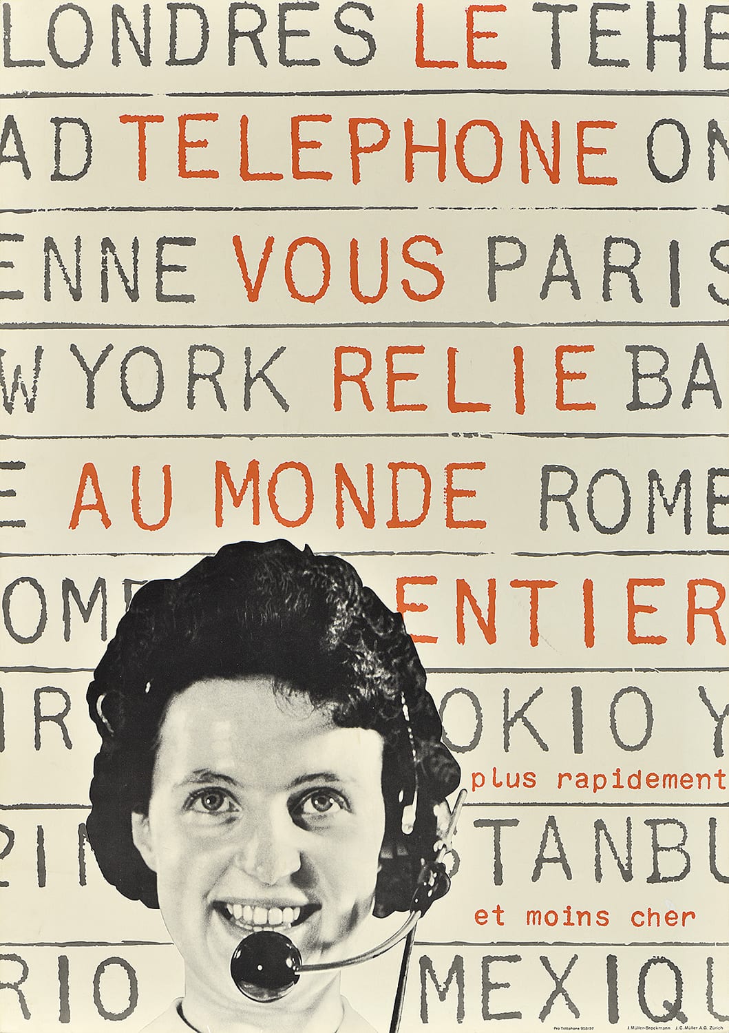 A poster with a black and white photograph of a woman's head wearing a headset in front of grey and orange horizontal text.