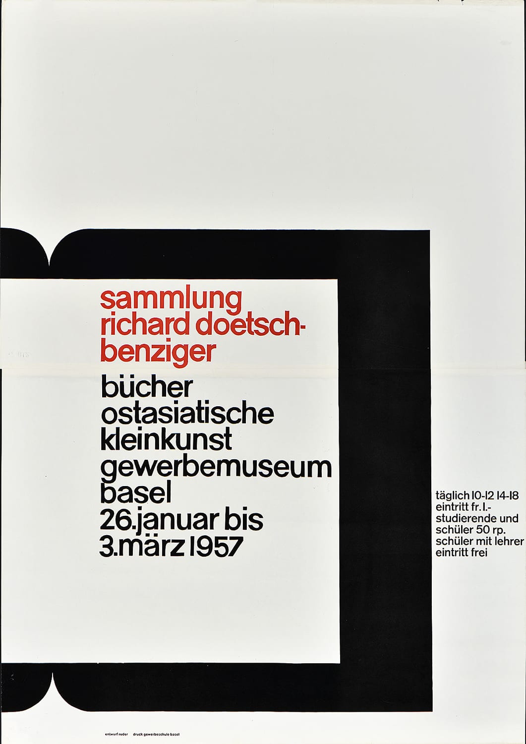 A poster with red and black text inside a rectangle inside an abstract black shape.