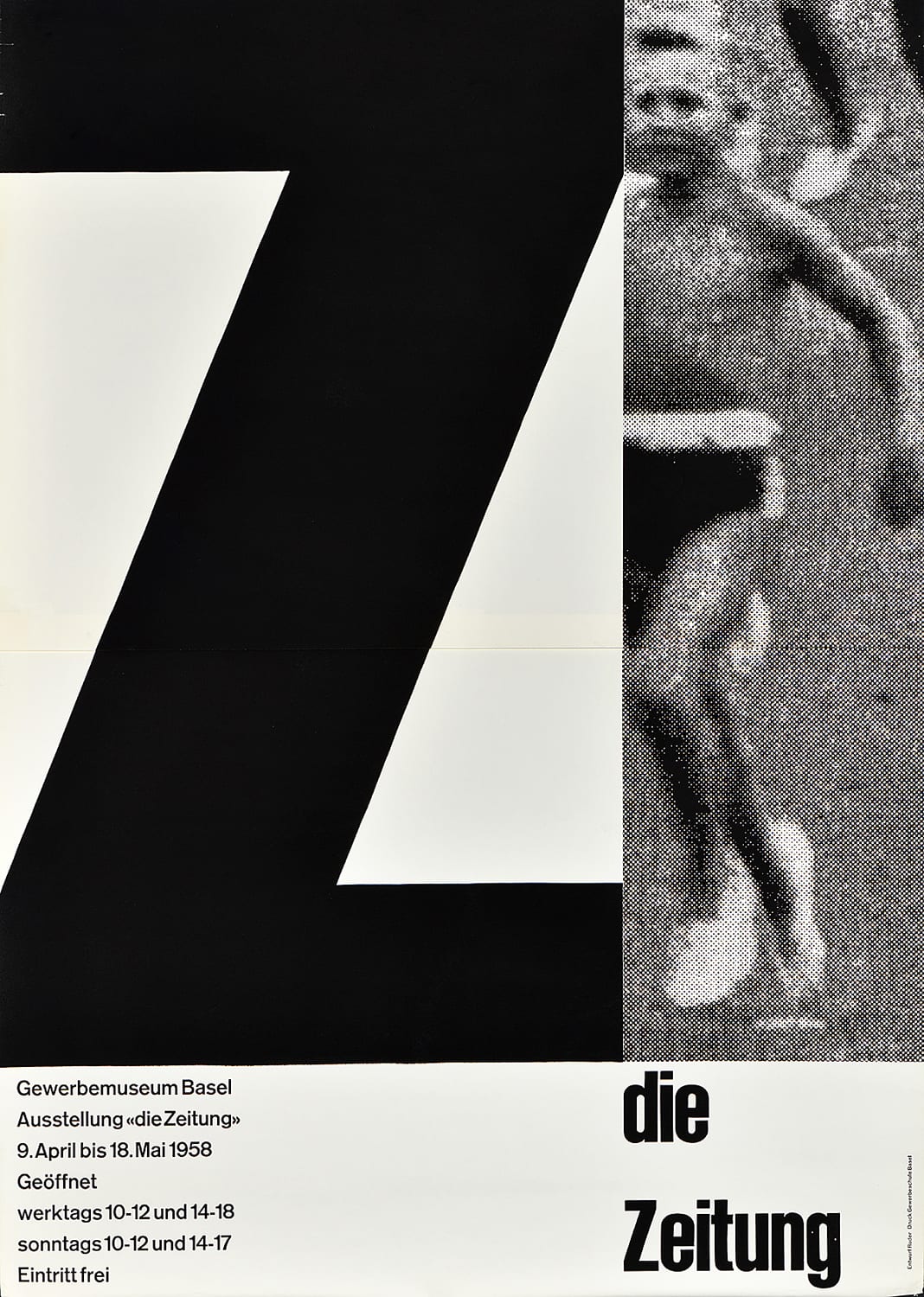 A poster with a large black Z on the left side of a fuzzy black and white photograph of a young boy running.