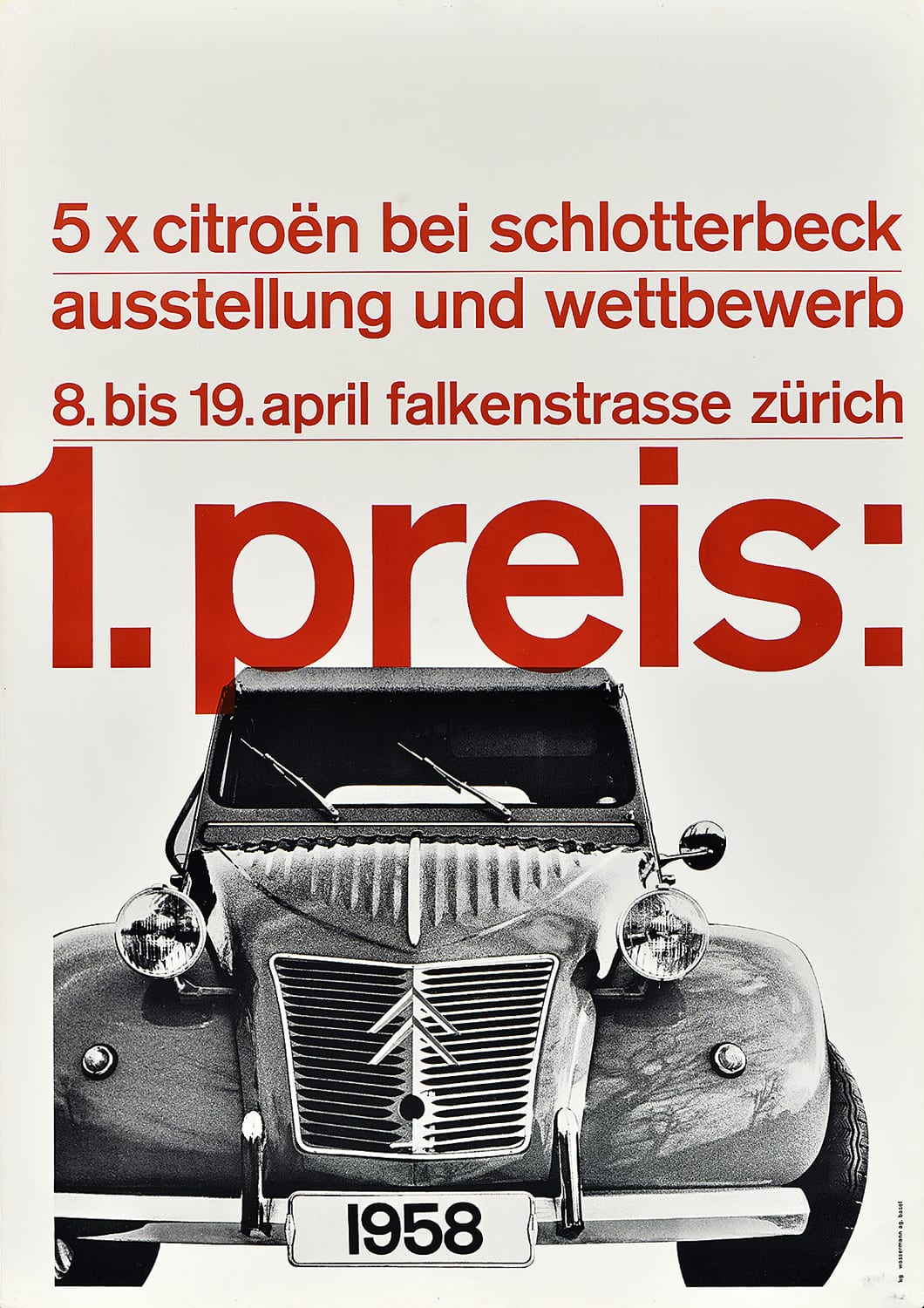 A poster with a black and white front view of a vintage car with bold red text above it.