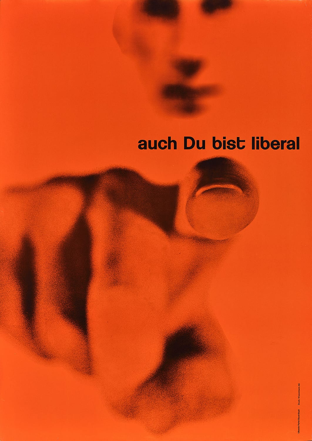 A poster of a black and white hand pointing directly at the viewer on an orange background.