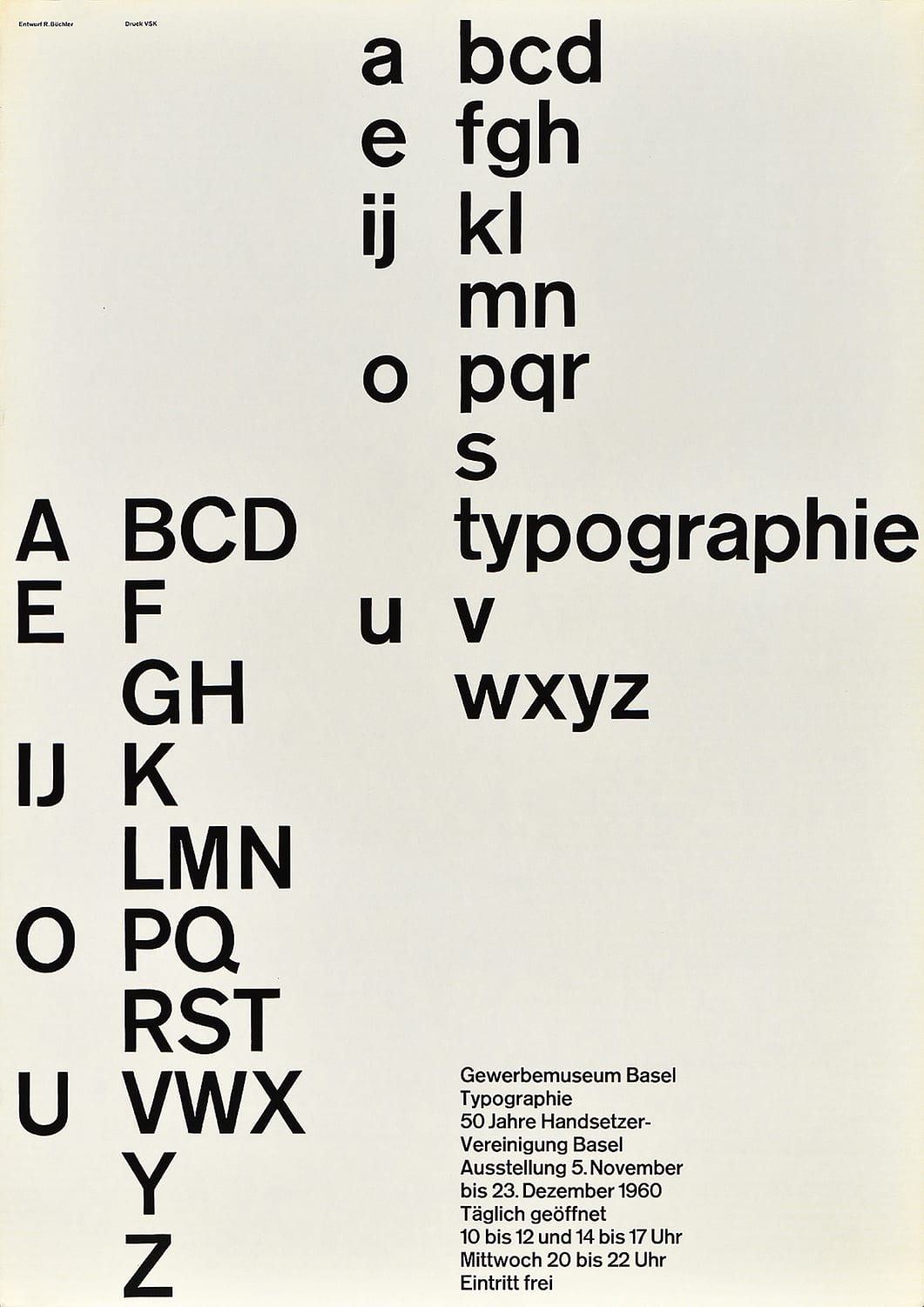 A poster with black text of the alphabet in upper case and lower case.